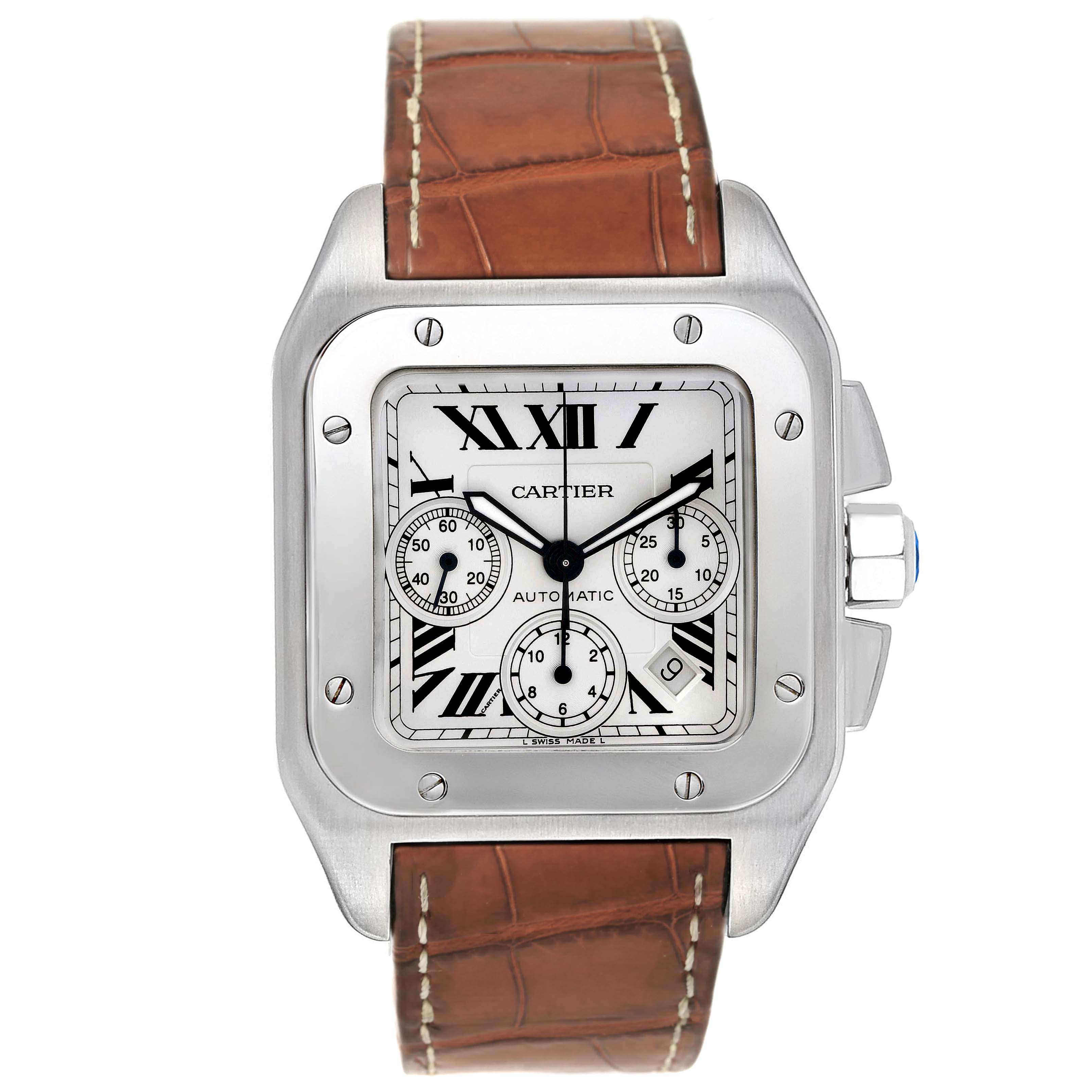 The image shows a frontal view of the Cartier Santos W20090X8 Men's Stainless Steel Silver Dial W20090X8 Men's Stainless Steel Silver Dial watch, highlighting its face, bezel, and brown leather strap.