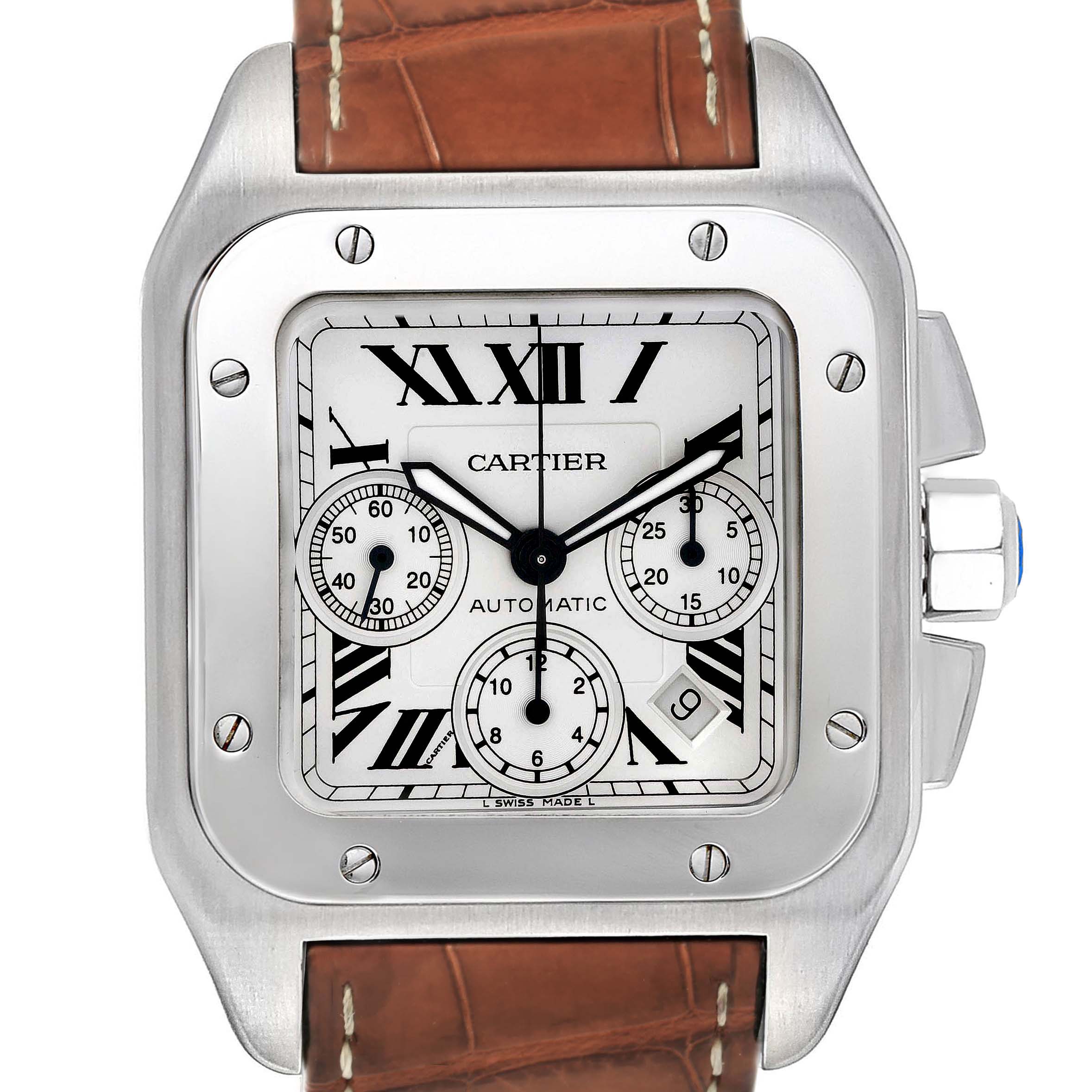 This image shows a front view of the Cartier Santos W20090X8 Men's Stainless Steel Silver Dial W20090X8 Men's Stainless Steel Silver Dial watch, displaying its face, bezel, crown, and part of the leather strap.
