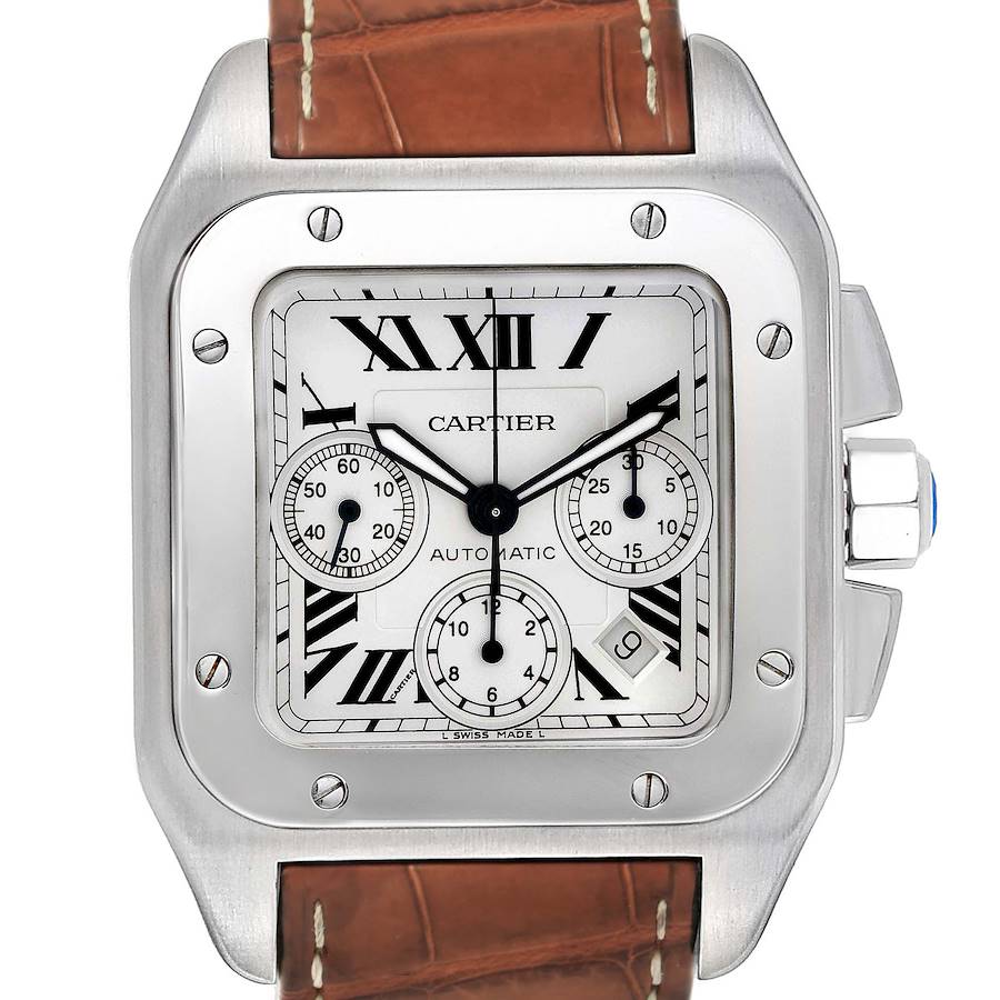 Cartier Santos 100 XL Silver Dial Chronograph Mens Watch W20090X8 SwissWatchExpo