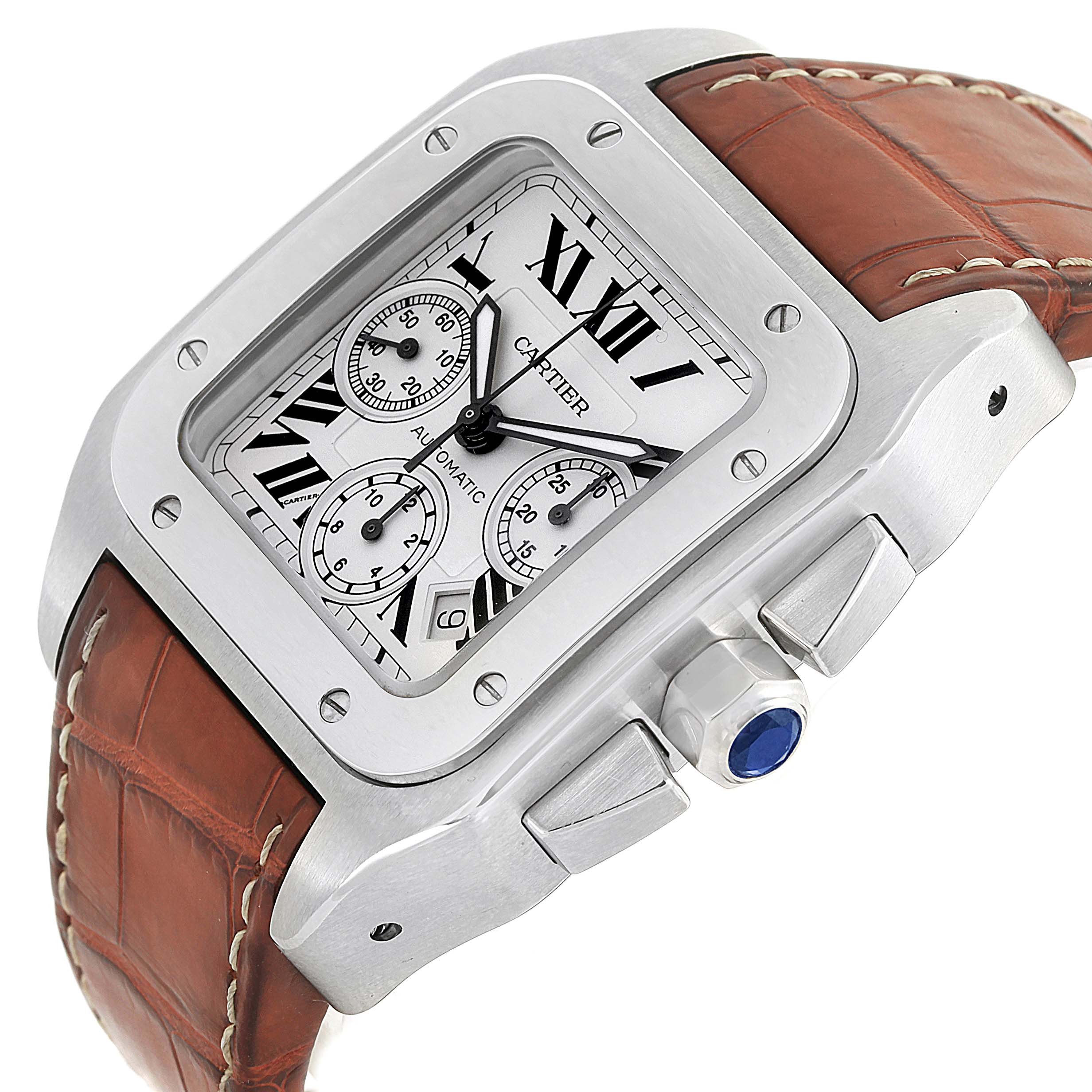 The image shows a Cartier Santos W20090X8 Men's Stainless Steel Silver Dial W20090X8 Men's Stainless Steel Silver Dial watch at an angle highlighting its face, bezel, crown, and brown leather strap.