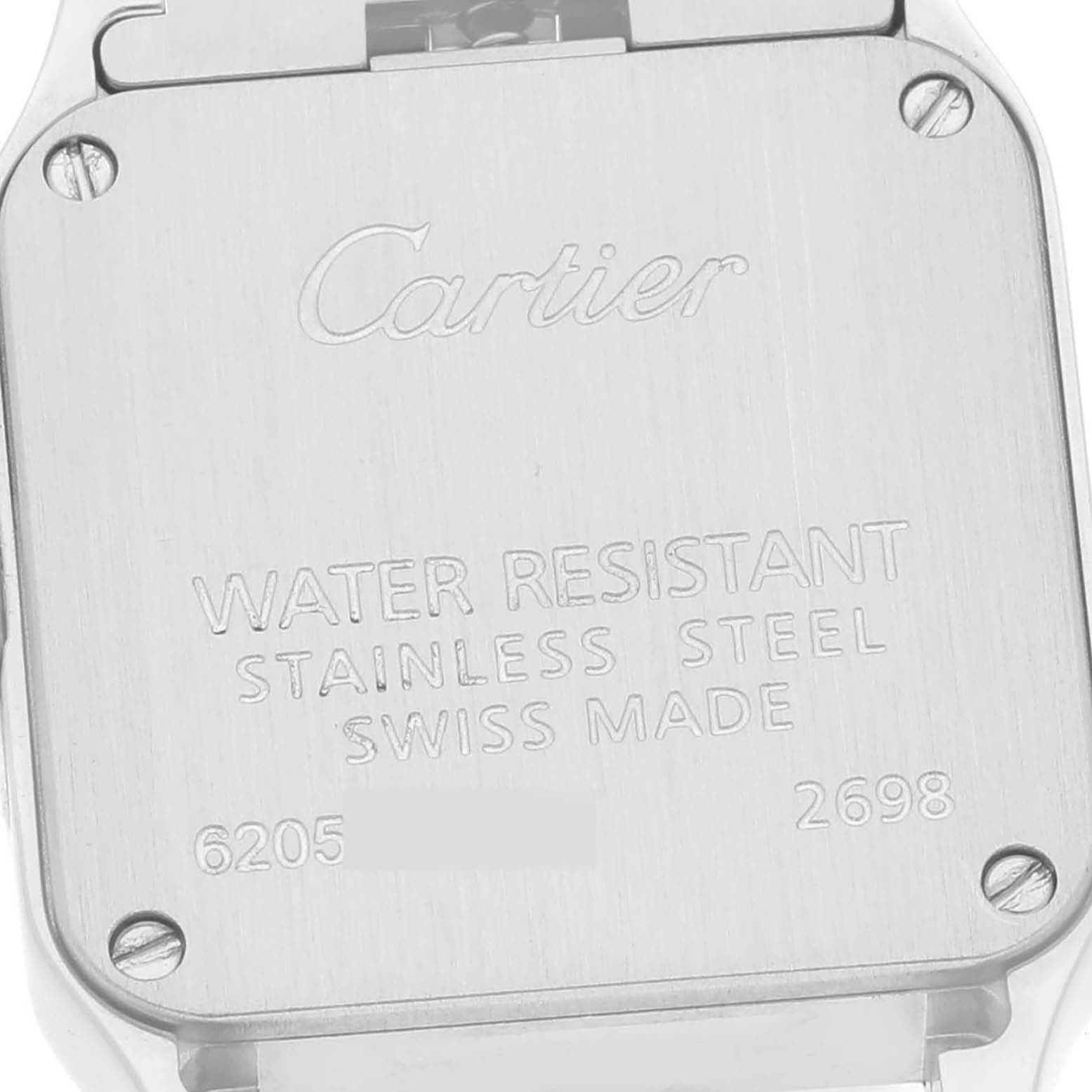 This image shows the case back of the Cartier Santos Demoiselle W25064Z5 Women
s Stainless Steel Silver Dial W25064Z5 Women
s Stainless Steel Silver Dial watch, displaying its water resistance and material details.