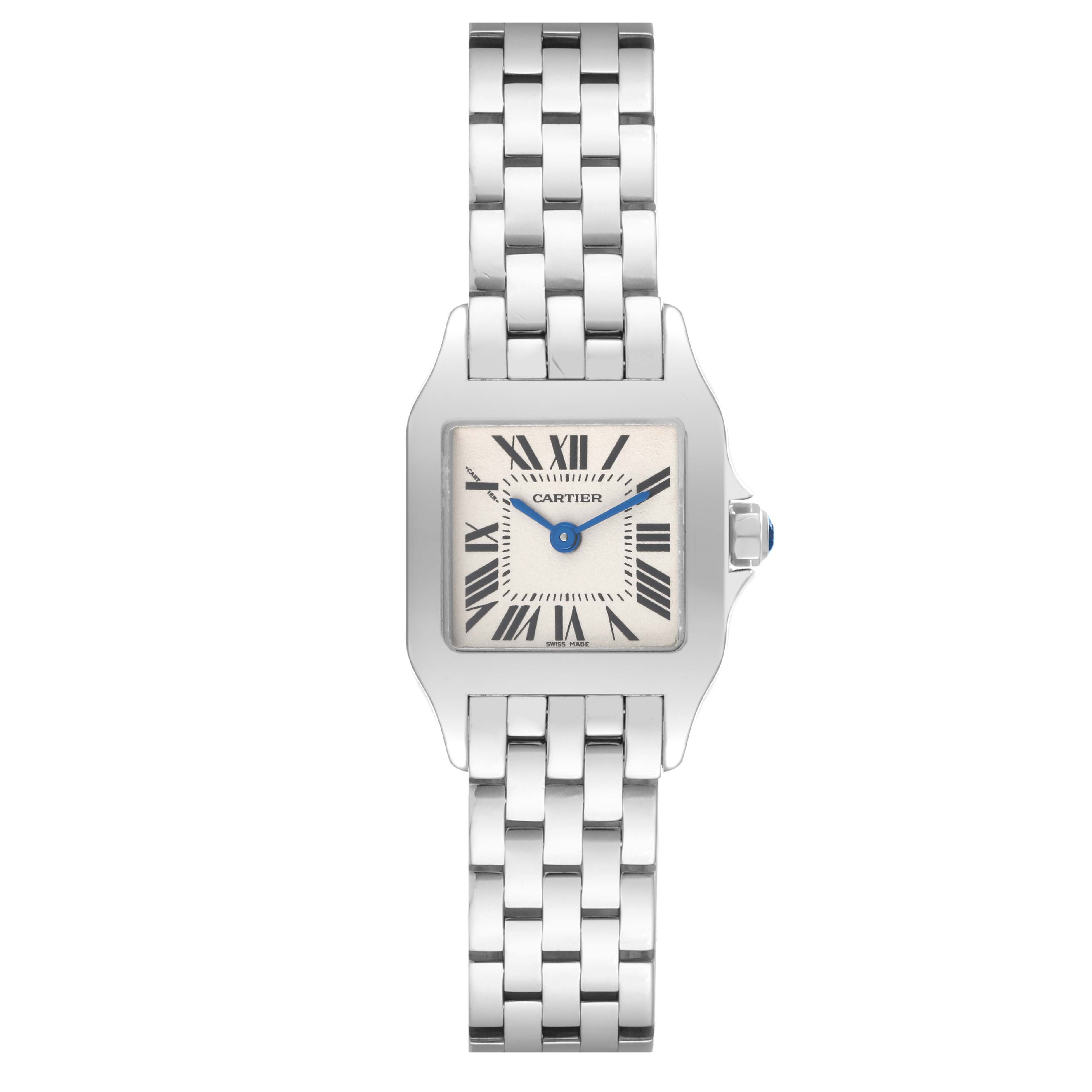 The image shows a front view of the Cartier Santos Demoiselle W25064Z5 Women
s Stainless Steel Silver Dial W25064Z5 Women
s Stainless Steel Silver Dial watch, featuring its face, bezel, and bracelet.
