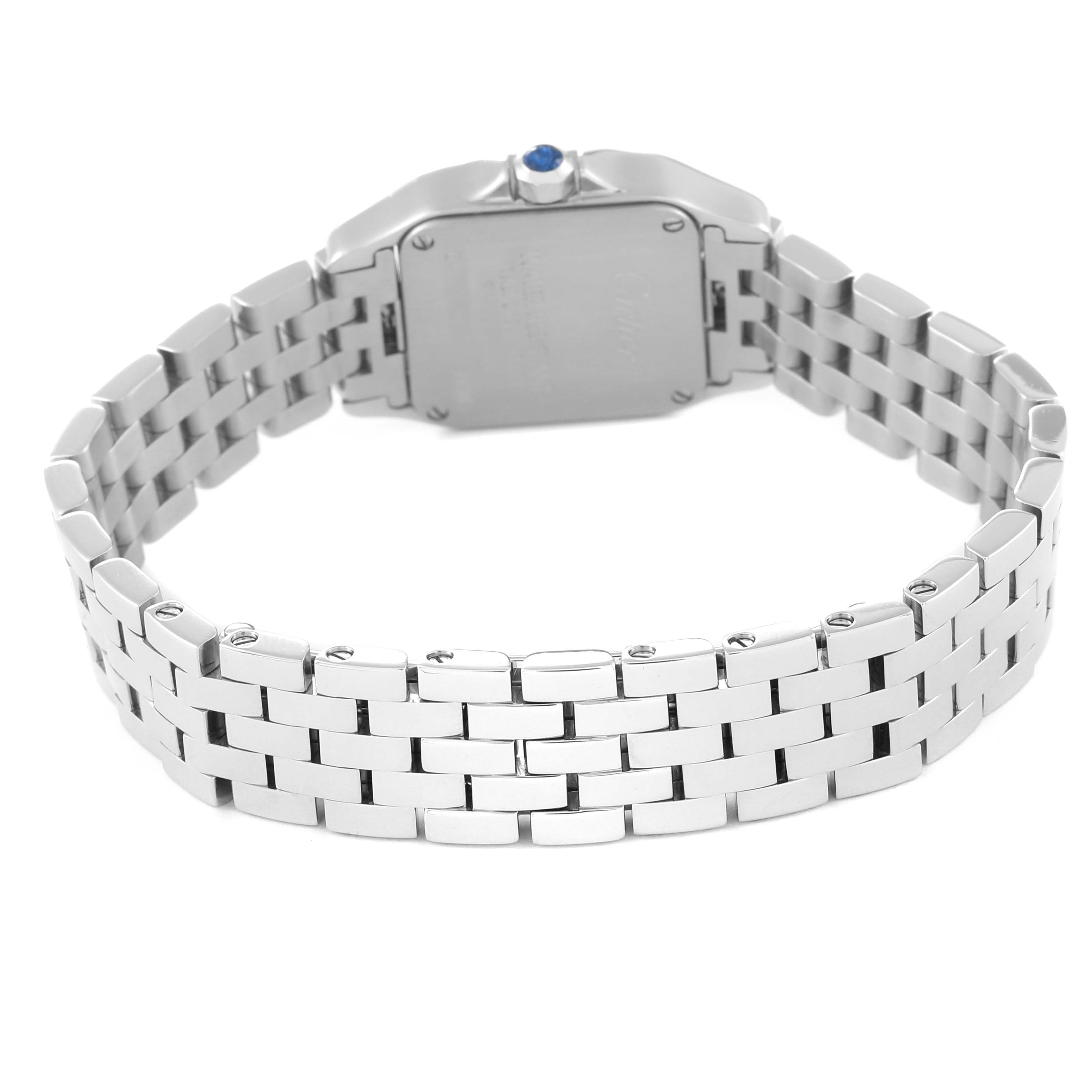 The image shows the back view of the Cartier Santos Demoiselle W25064Z5 Women
s Stainless Steel Silver Dial W25064Z5 Women
s Stainless Steel Silver Dial watch, highlighting its bracelet and case back.