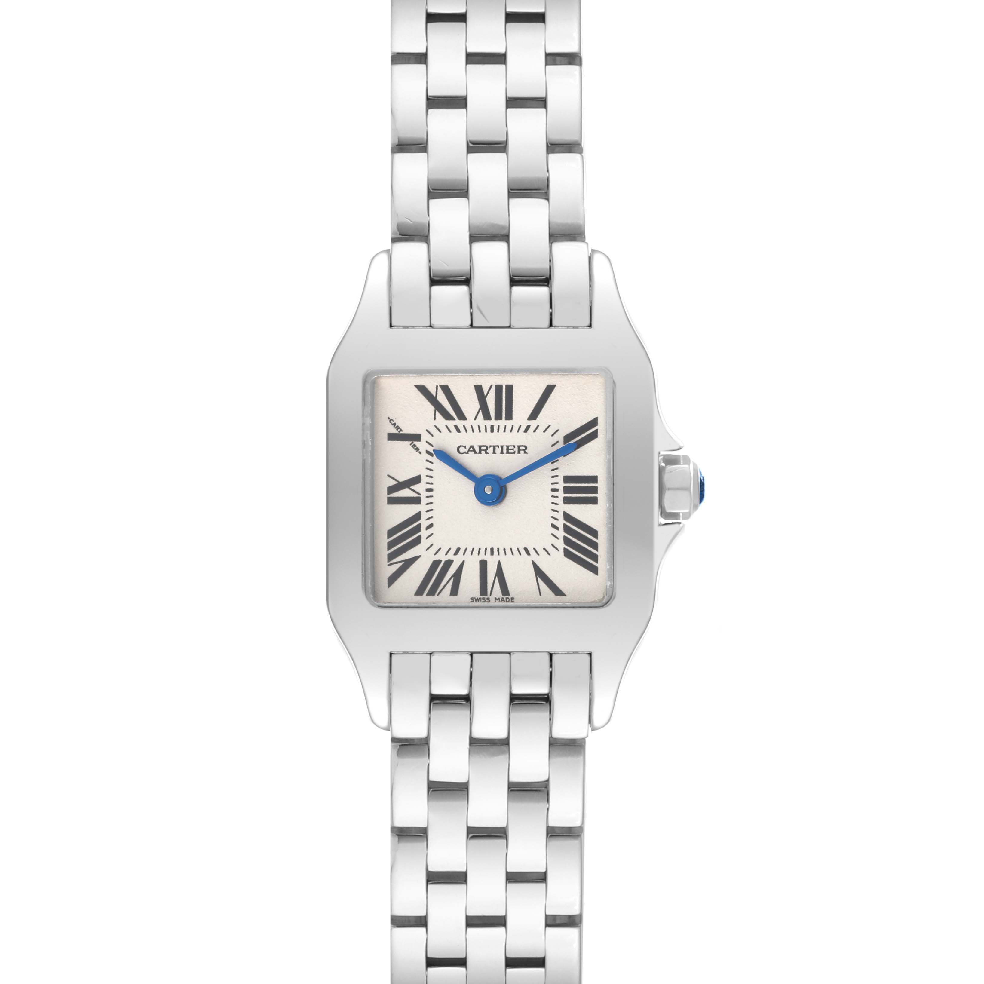 The image shows a frontal view of the Cartier Santos Demoiselle W25064Z5 Women
s Stainless Steel Silver Dial W25064Z5 Women
s Stainless Steel Silver Dial watch, displaying its square face, roman numeral indices, and metal bracelet.