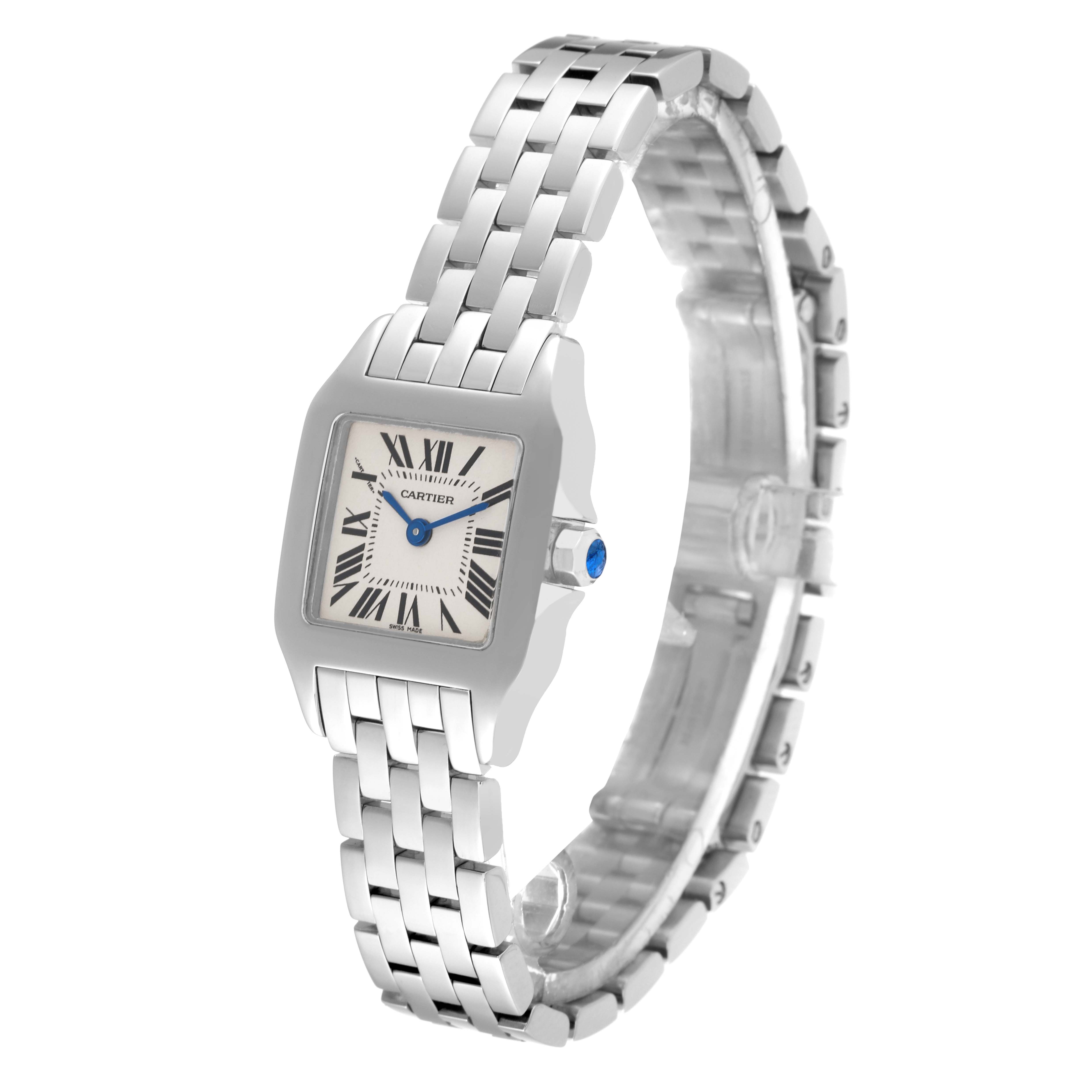 The image shows a Cartier Santos Demoiselle W25064Z5 Women
s Stainless Steel Silver Dial W25064Z5 Women
s Stainless Steel Silver Dial watch at a slightly tilted front angle, highlighting the face and bracelet.