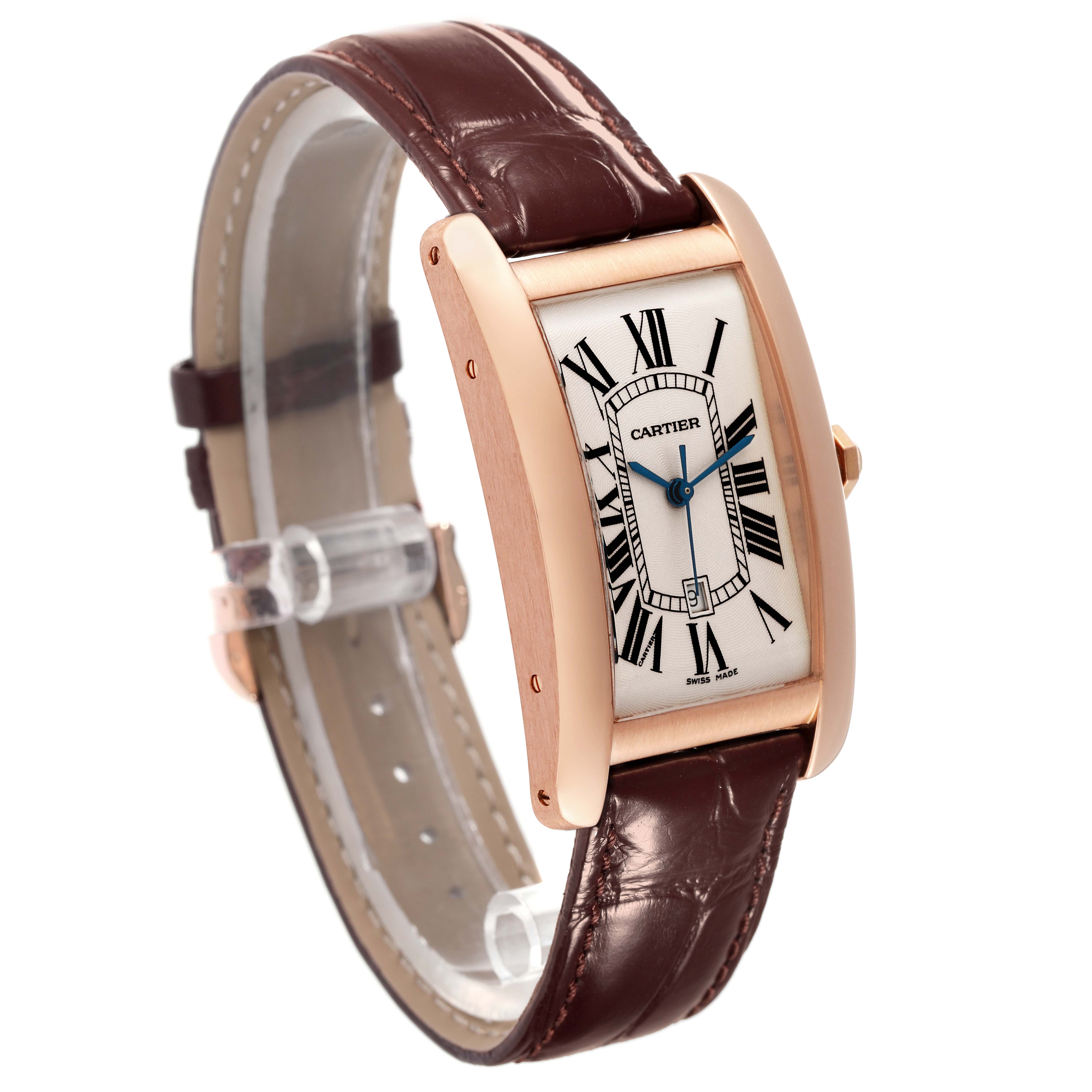 The image shows a Cartier Tank Americaine W2609156 Men's Rose Gold Silver Dial W2609156 Men's Rose Gold Silver Dial watch at a three-quarter angle, highlighting its strap, dial, and case.
