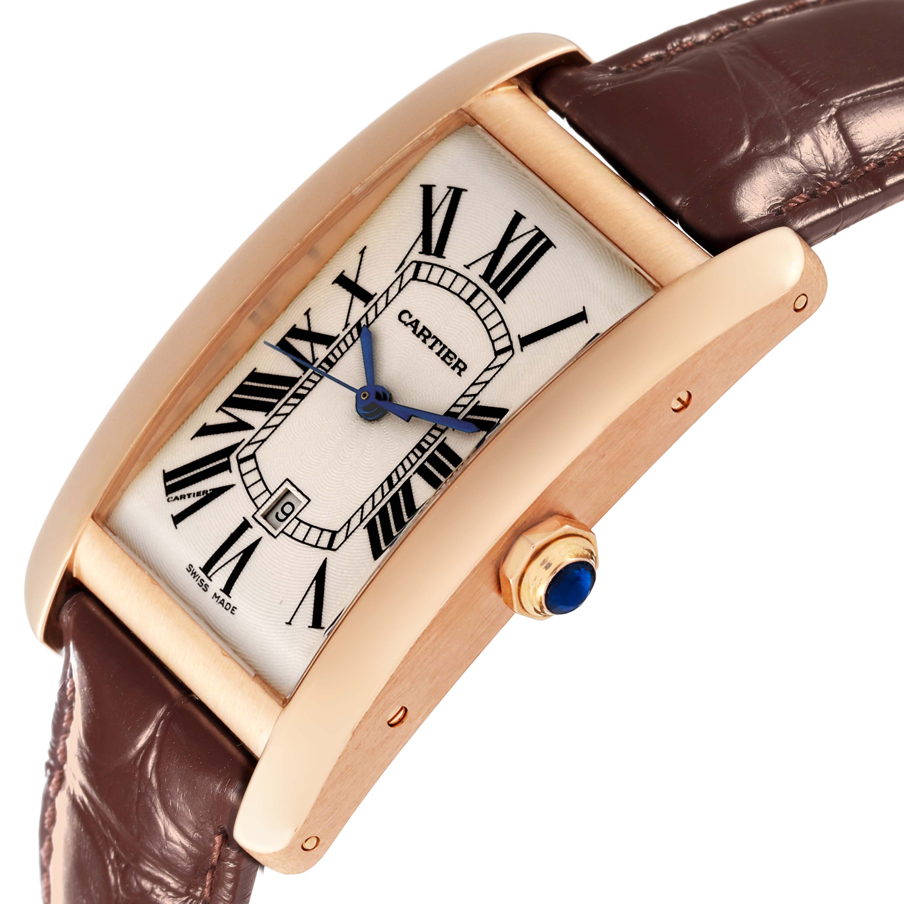 The image shows a close-up side angle of the Cartier Tank Americaine W2609156 Men's Rose Gold Silver Dial W2609156 Men's Rose Gold Silver Dial watch with a brown leather strap, highlighting the crown and dial.