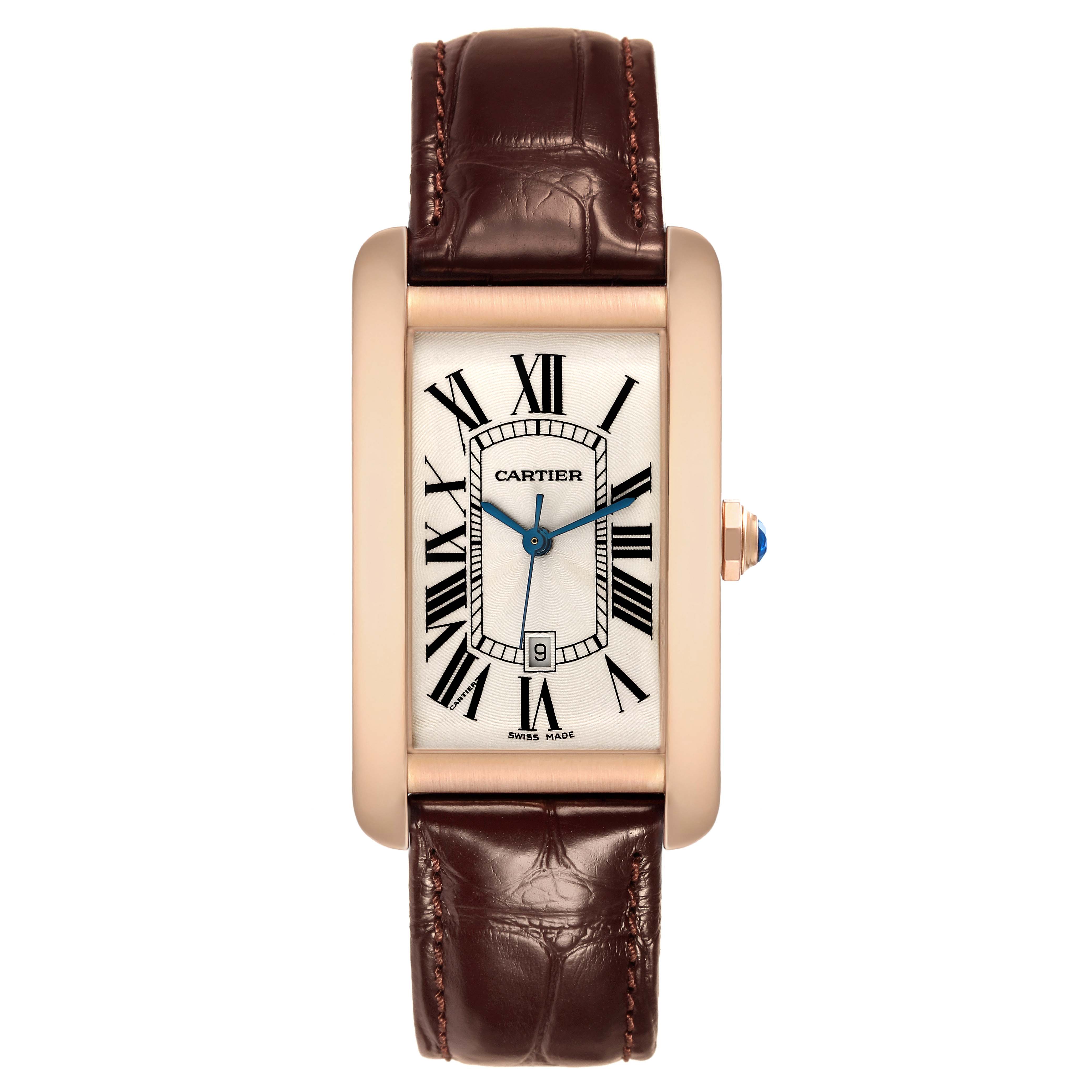 The image shows a front view of the Cartier Tank Americaine W2609156 Men's Rose Gold Silver Dial W2609156 Men's Rose Gold Silver Dial watch, displaying its rectangular face, Roman numerals, and brown leather strap.