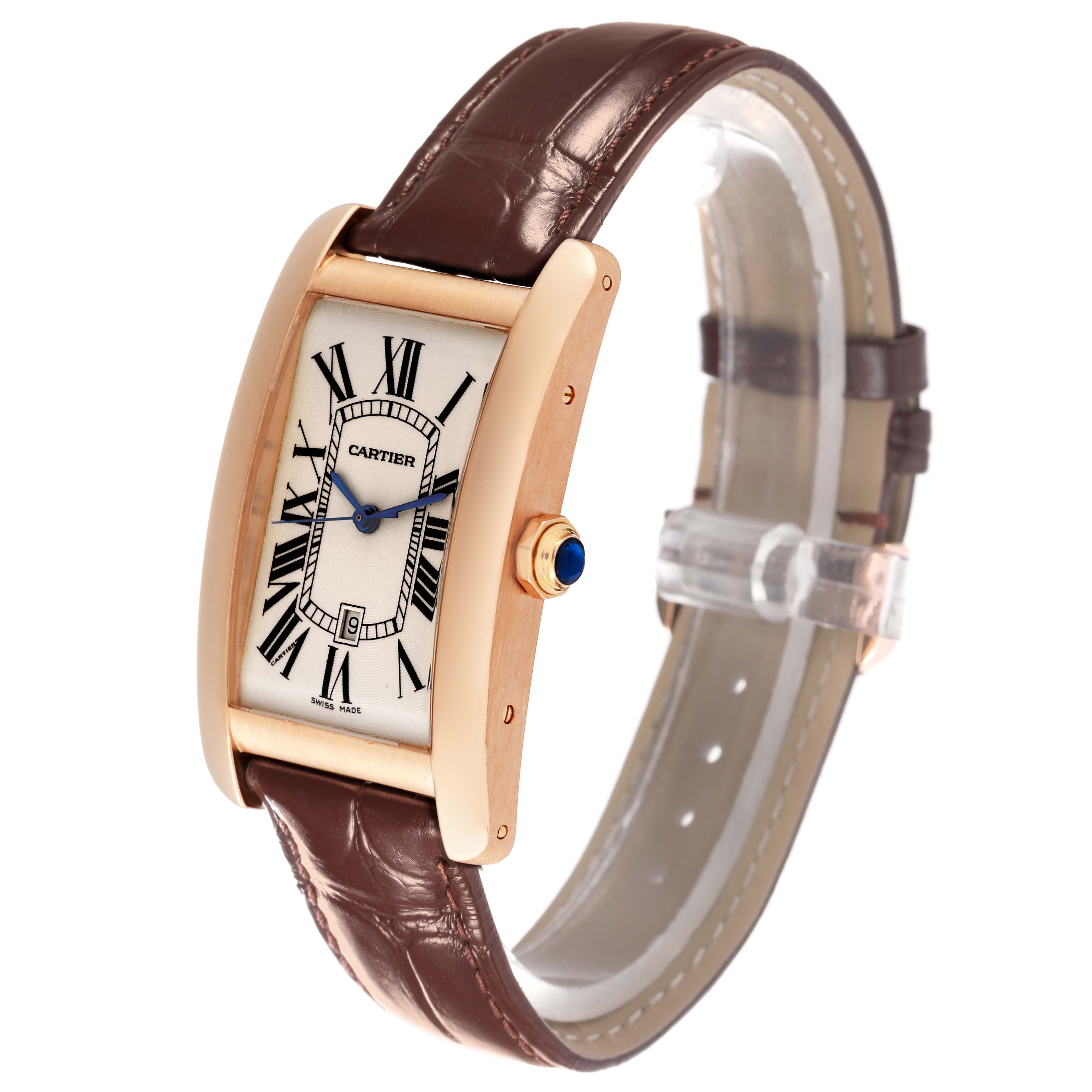 The Cartier Tank Americaine W2609156 Men's Rose Gold Silver Dial W2609156 Men's Rose Gold Silver Dial watch is shown at a three-quarter angle, highlighting its rose gold case, Roman numeral dial, and brown leather strap.