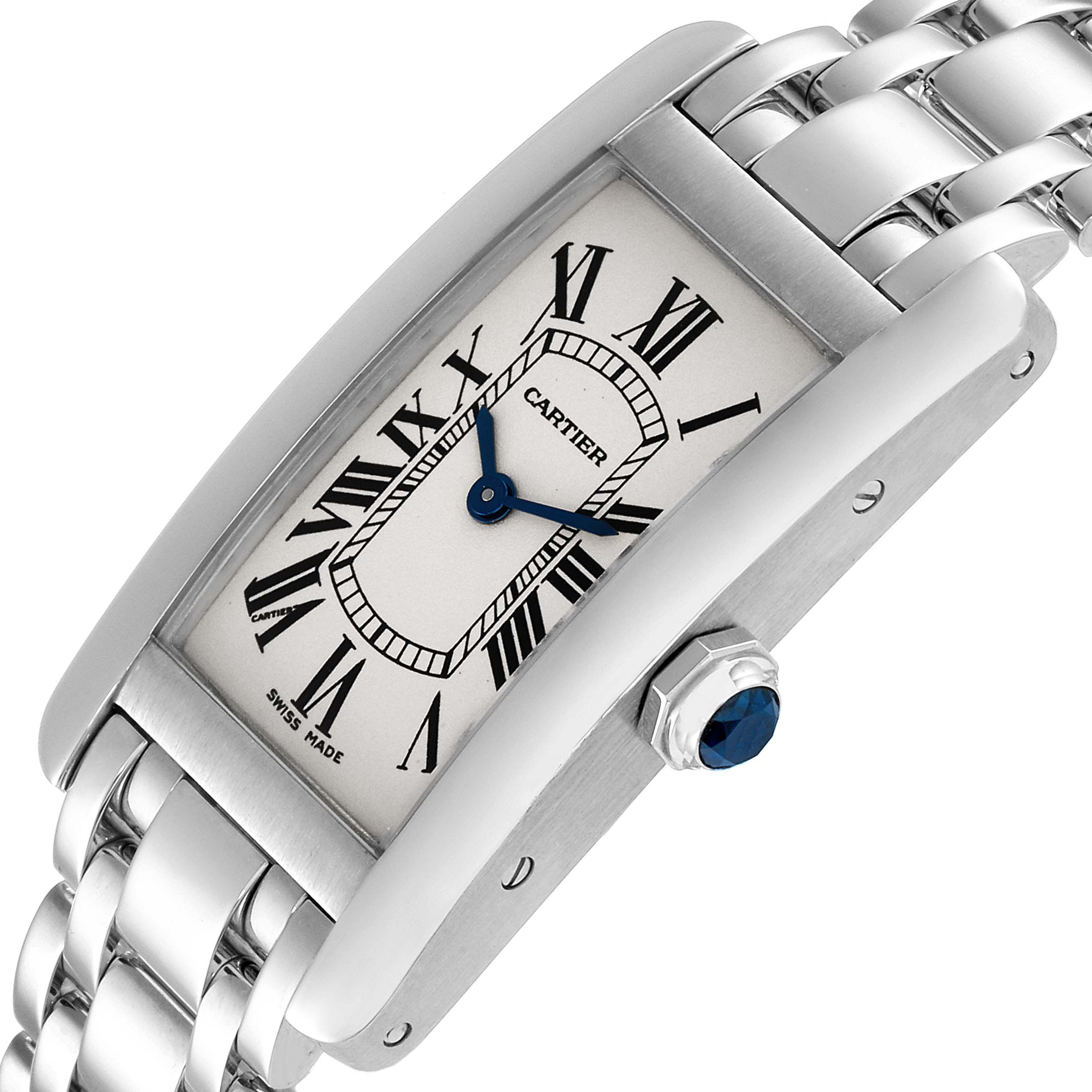 The Cartier Tank Americaine W008067 Women's White Gold Silver Dial W008067 Women's White Gold Silver Dial watch is shown at an angled view, displaying its Roman numeral dial, blue hands, crown, and metal bracelet.