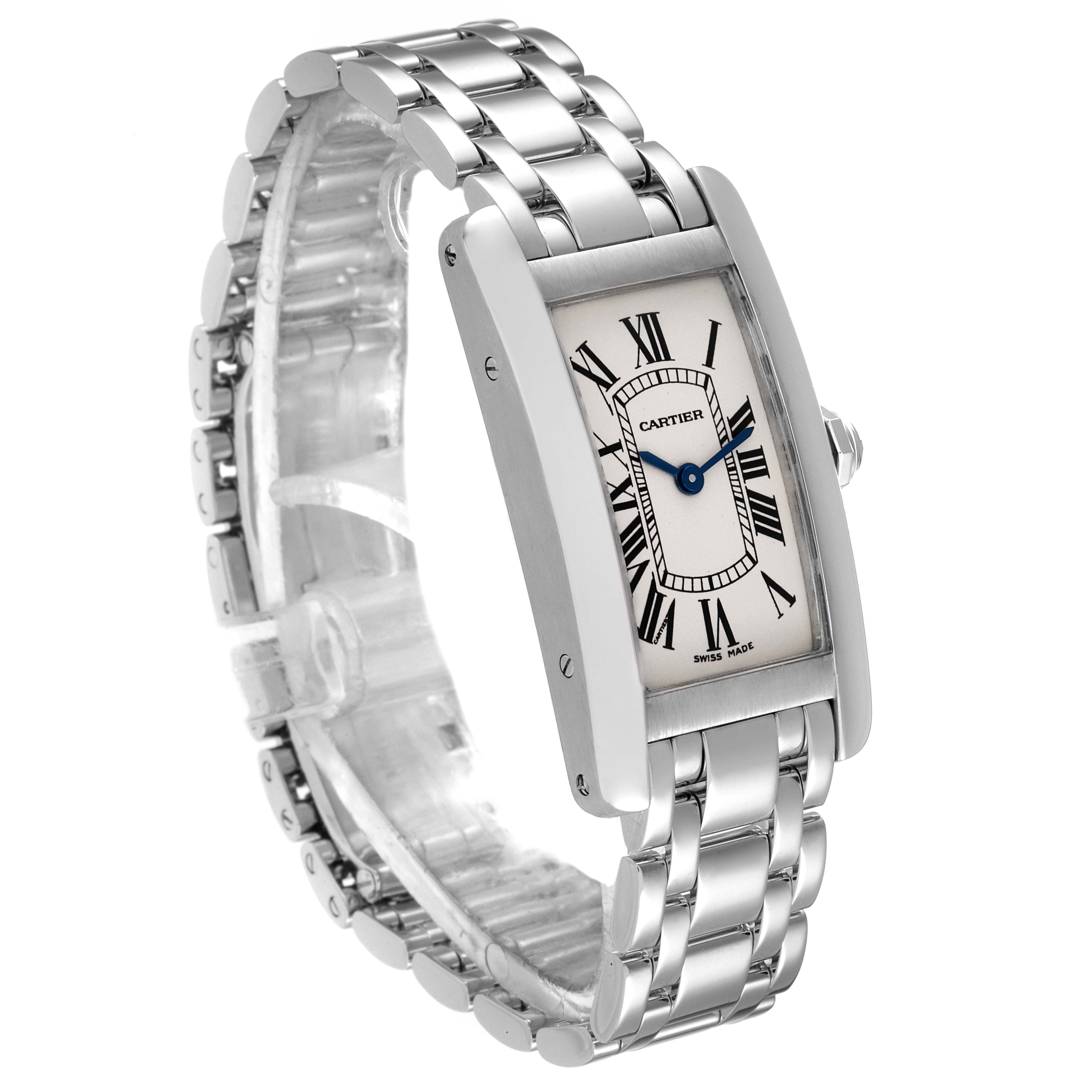 The Cartier Tank Americaine W008067 Women's White Gold Silver Dial W008067 Women's White Gold Silver Dial watch is shown from a three-quarter angle, highlighting its rectangular dial and stainless steel bracelet.