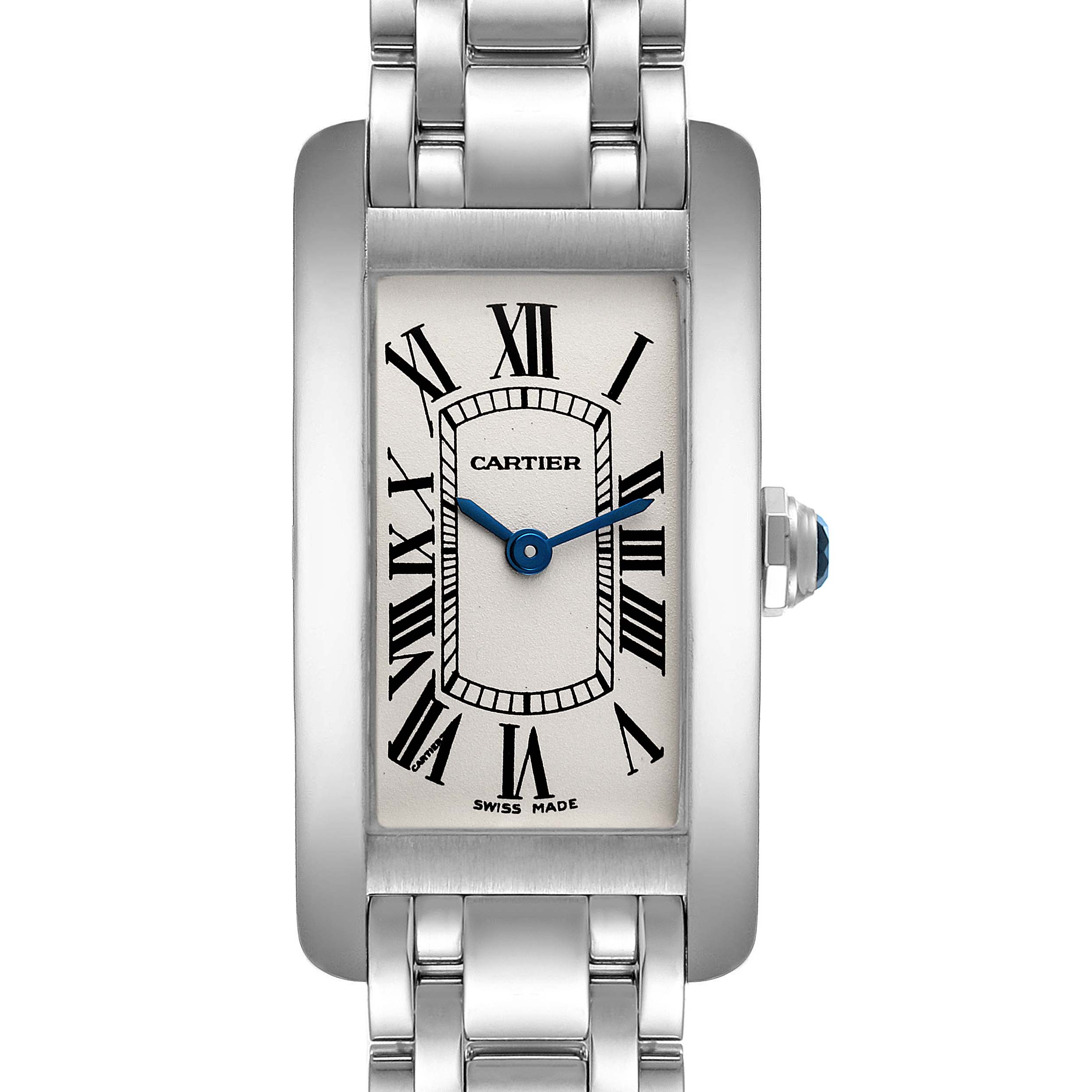 This image shows the front view of a Cartier Tank Americaine W008067 Women's White Gold Silver Dial W008067 Women's White Gold Silver Dial watch, including its rectangular face, Roman numerals, and metal bracelet.