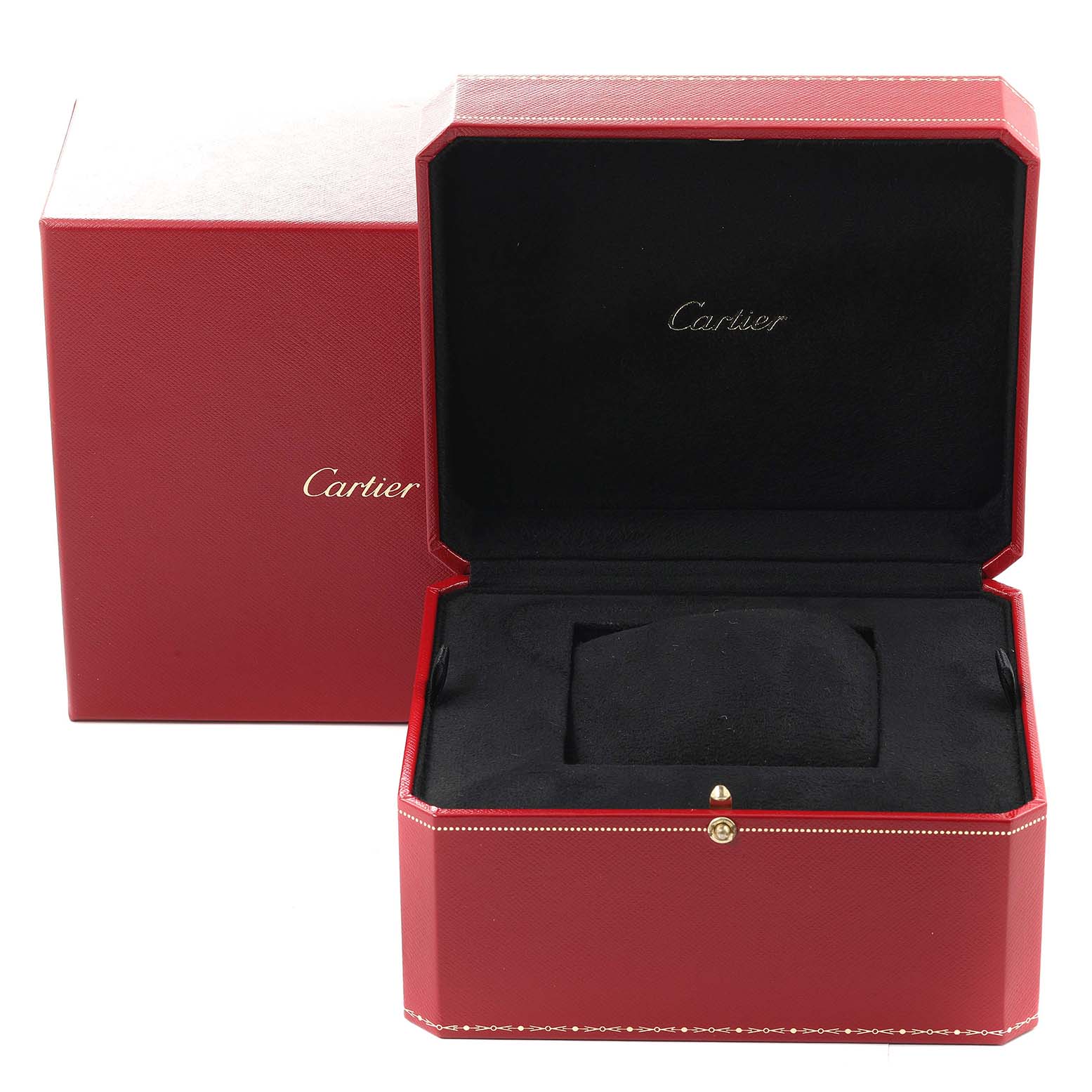 This image shows the open presentation box for a Cartier Tank Américaine watch, revealing its interior padding.