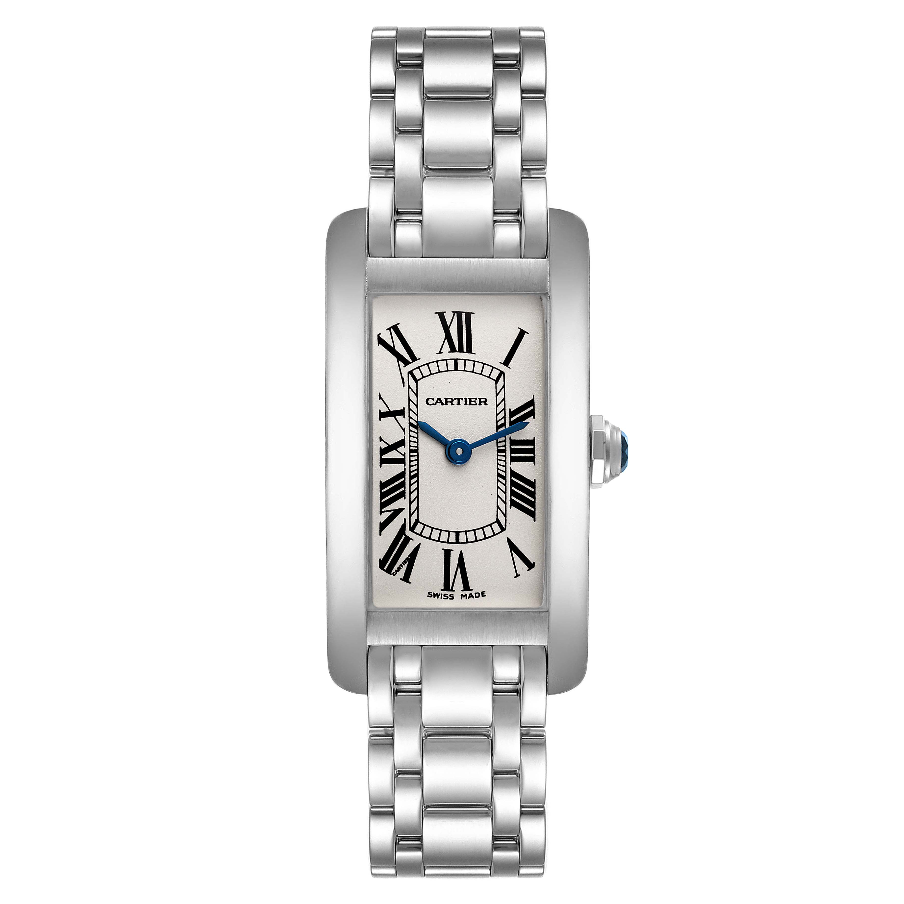 The image shows a front view of the Cartier Tank Americaine W008067 Women's White Gold Silver Dial W008067 Women's White Gold Silver Dial watch, highlighting its rectangular dial and metal bracelet.
