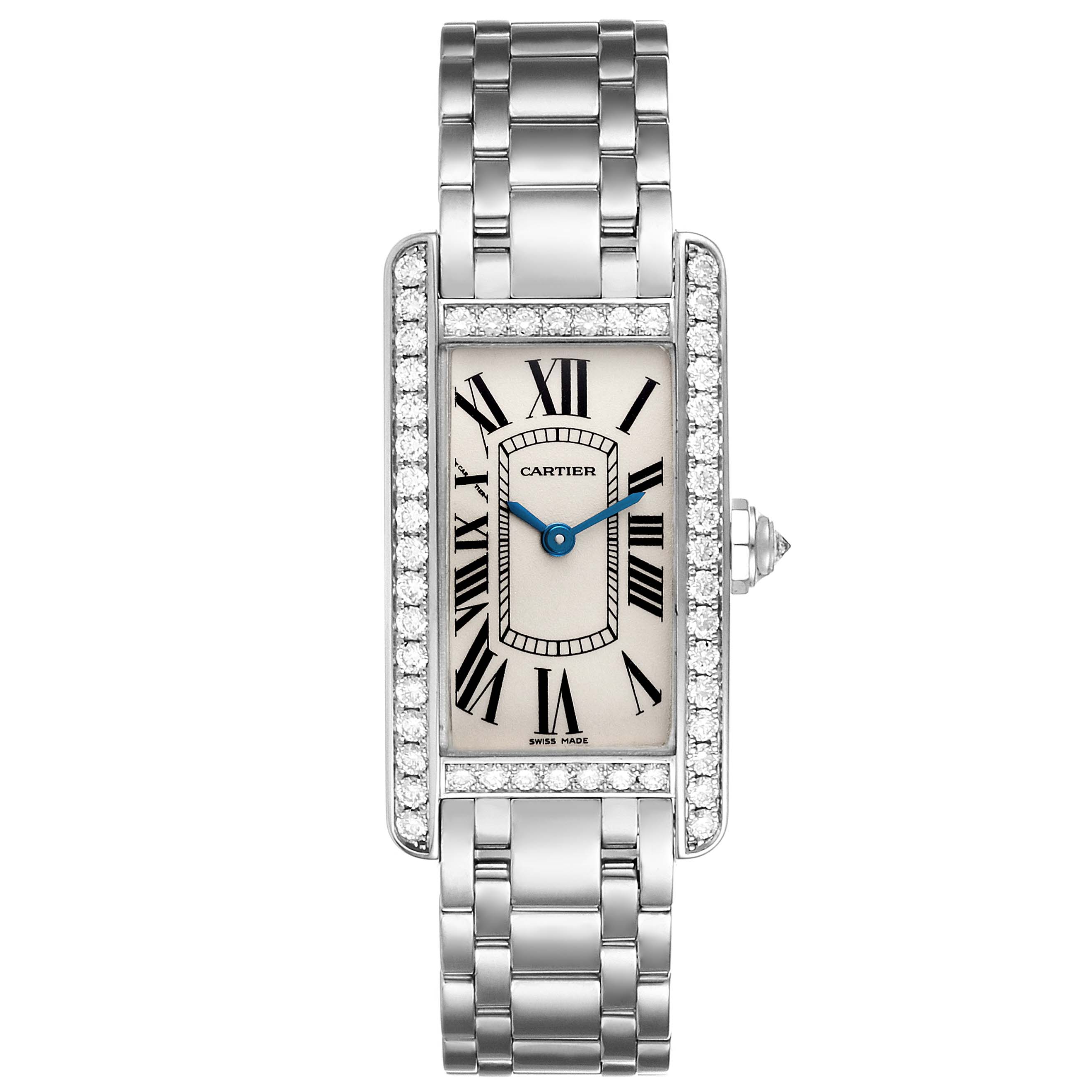 This image shows a Cartier Tank Americaine WB7018L1 Women
s White Gold Silver Dial WB7018L1 Women
s White Gold Silver Dial watch from a front angle, highlighting the face, bezel, and bracelet.