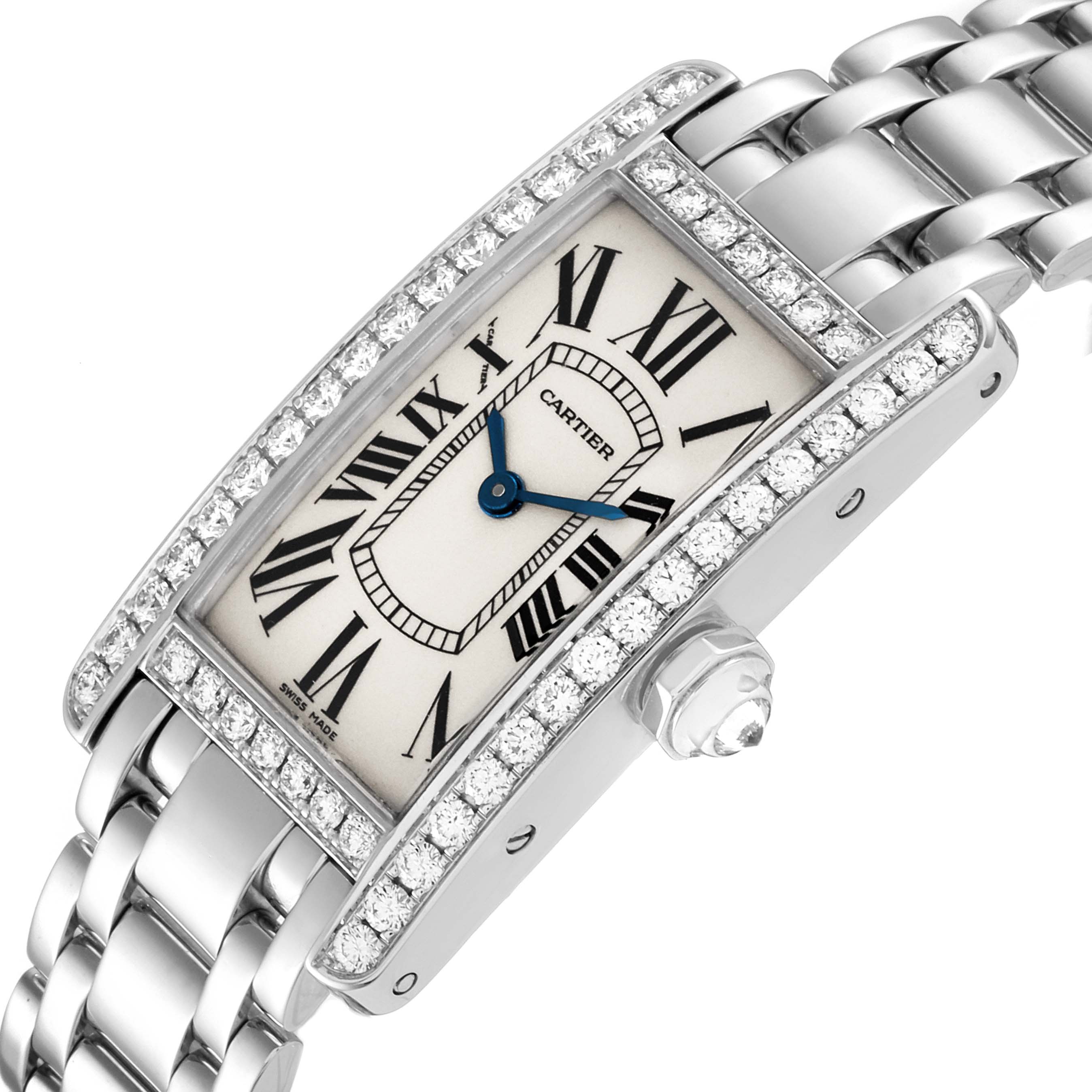 The image shows a close-up of a Cartier Tank Americaine WB7018L1 Women
s White Gold Silver Dial WB7018L1 Women
s White Gold Silver Dial watch, highlighting its face and bracelet at an angled view.