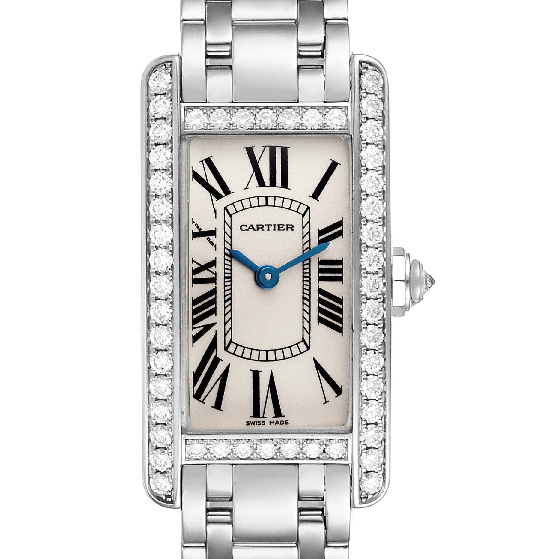 The image shows a close-up, front view of the dial and bracelet of the Cartier Tank Américaine watch.