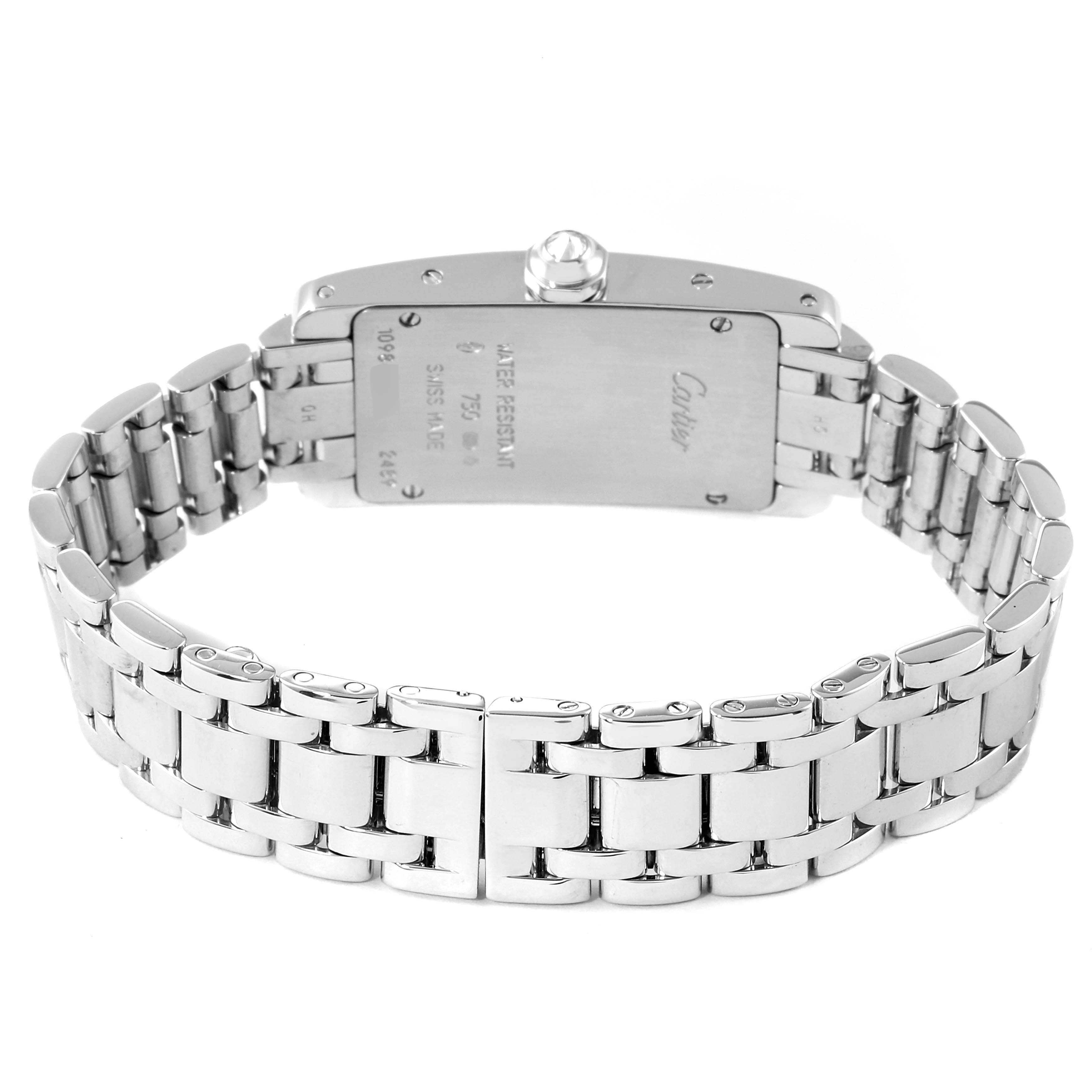 The image shows the back of a Cartier Tank Americaine WB7018L1 Women
s White Gold Silver Dial WB7018L1 Women
s White Gold Silver Dial watch, featuring the bracelet and caseback.