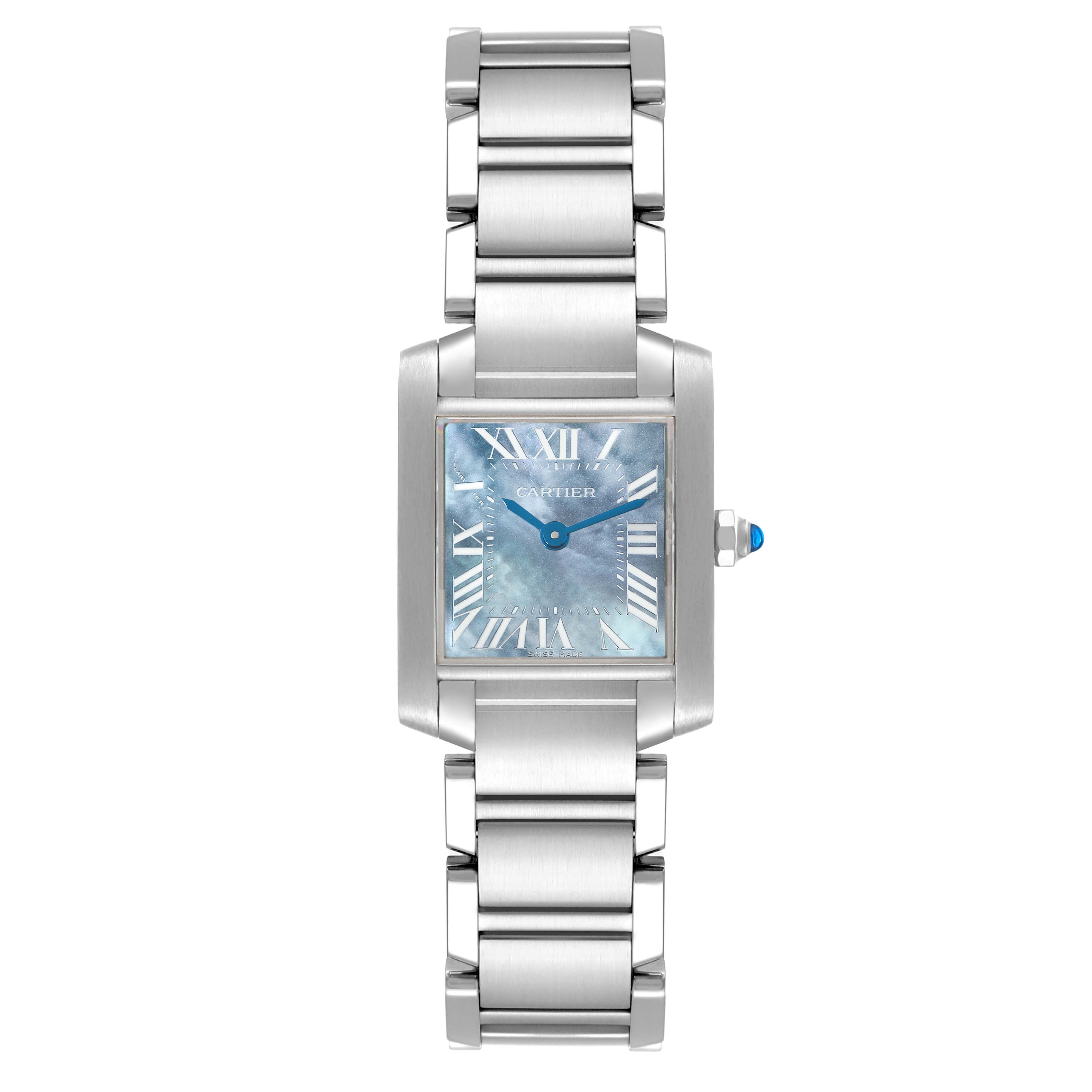 This image shows a Cartier Tank Francaise W51034Q3 Women's Stainless Steel Mother of Pearl Dial W51034Q3 Women's Stainless Steel Mother of Pearl Dial model watch from a top-down perspective, highlighting the face, hands, case, and bracelet.