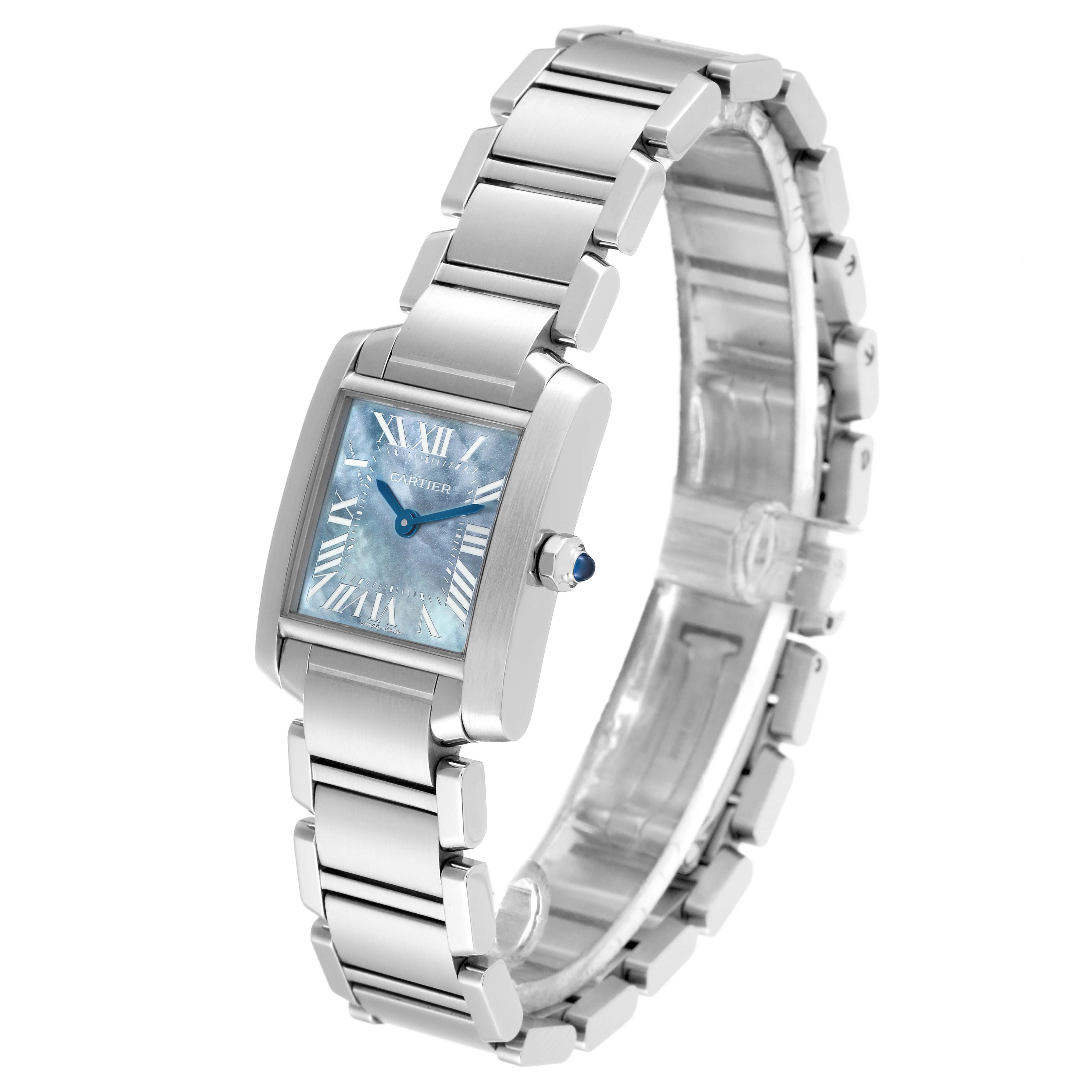 The image shows a Cartier Tank Francaise W51034Q3 Women's Stainless Steel Mother of Pearl Dial W51034Q3 Women's Stainless Steel Mother of Pearl Dial watch at a slight angle, highlighting its rectangular face, bracelet, and crown.