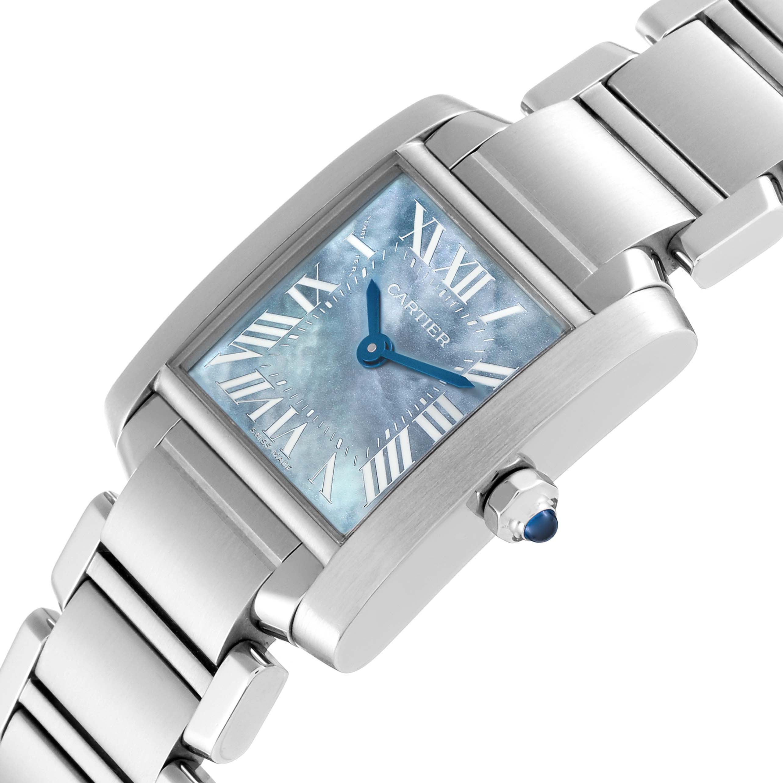 The image shows a diagonal view of a Cartier Tank Francaise W51034Q3 Women's Stainless Steel Mother of Pearl Dial W51034Q3 Women's Stainless Steel Mother of Pearl Dial watch, highlighting its face, crown, and part of its bracelet.