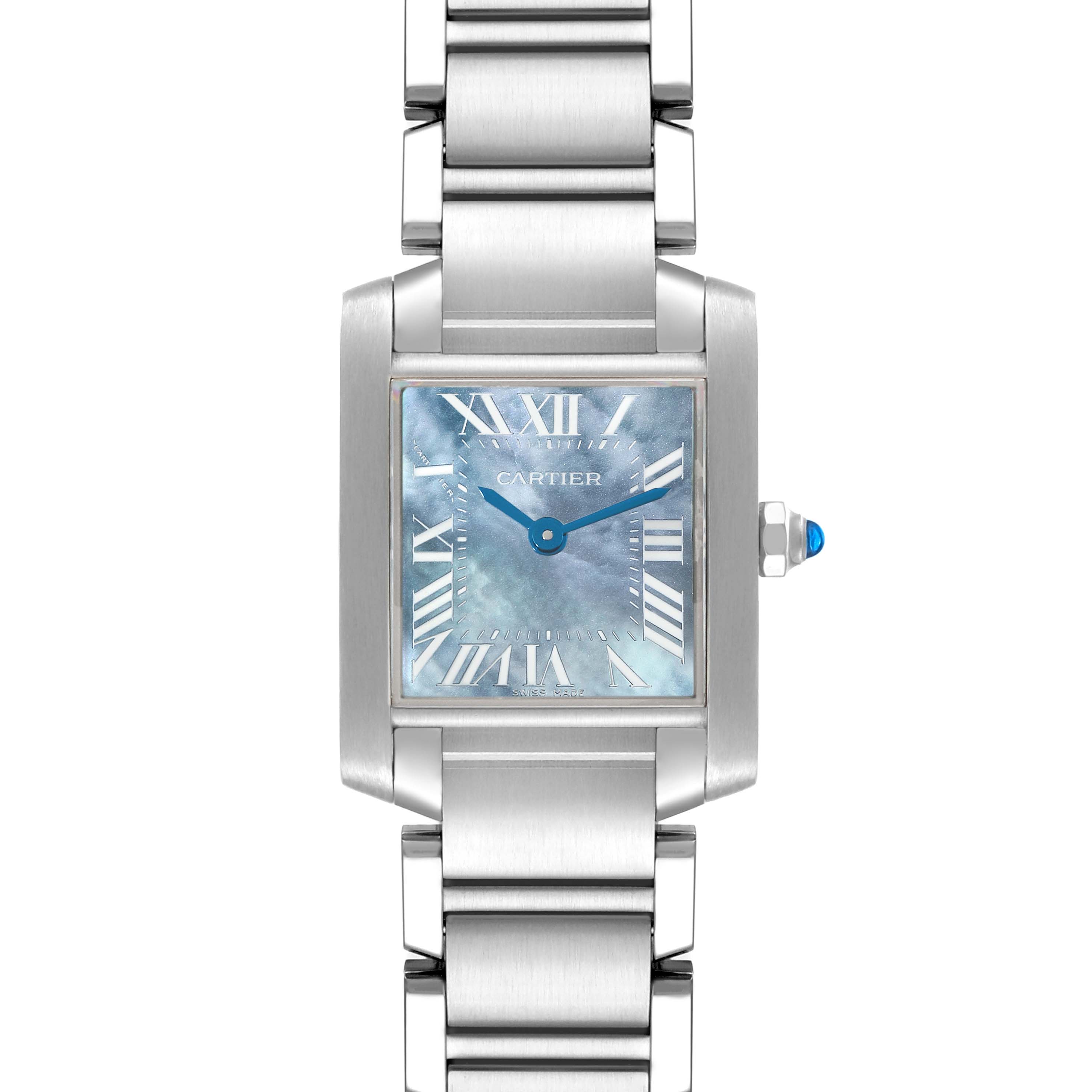 The image shows a straight-on view of the Cartier Tank Francaise W51034Q3 Women's Stainless Steel Mother of Pearl Dial W51034Q3 Women's Stainless Steel Mother of Pearl Dial watch, highlighting its dial, bracelet, and blue cabochon crown.