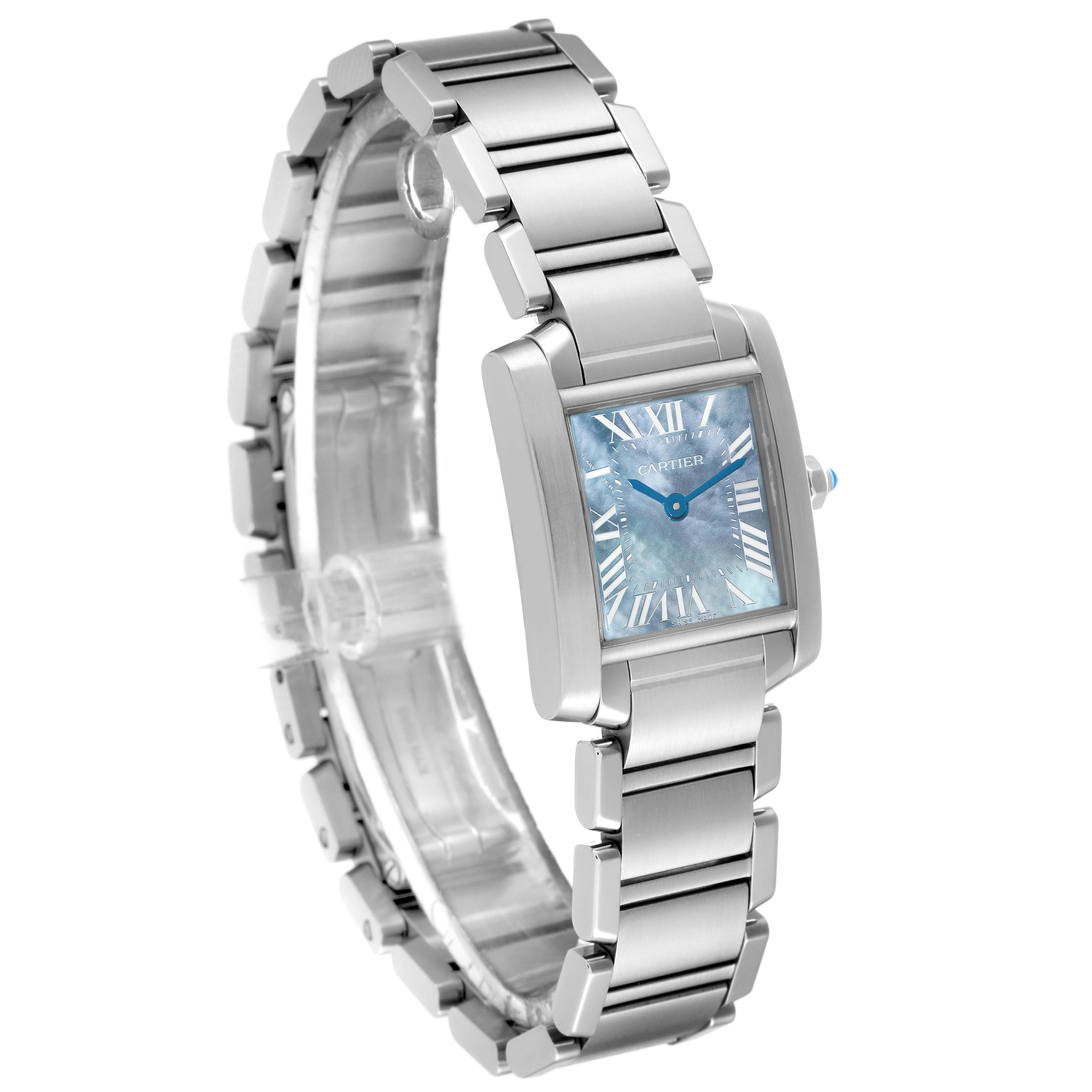 The image shows a Cartier Tank Francaise W51034Q3 Women's Stainless Steel Mother of Pearl Dial W51034Q3 Women's Stainless Steel Mother of Pearl Dial watch at a three-quarter angle, displaying its face, bracelet, and crown.
