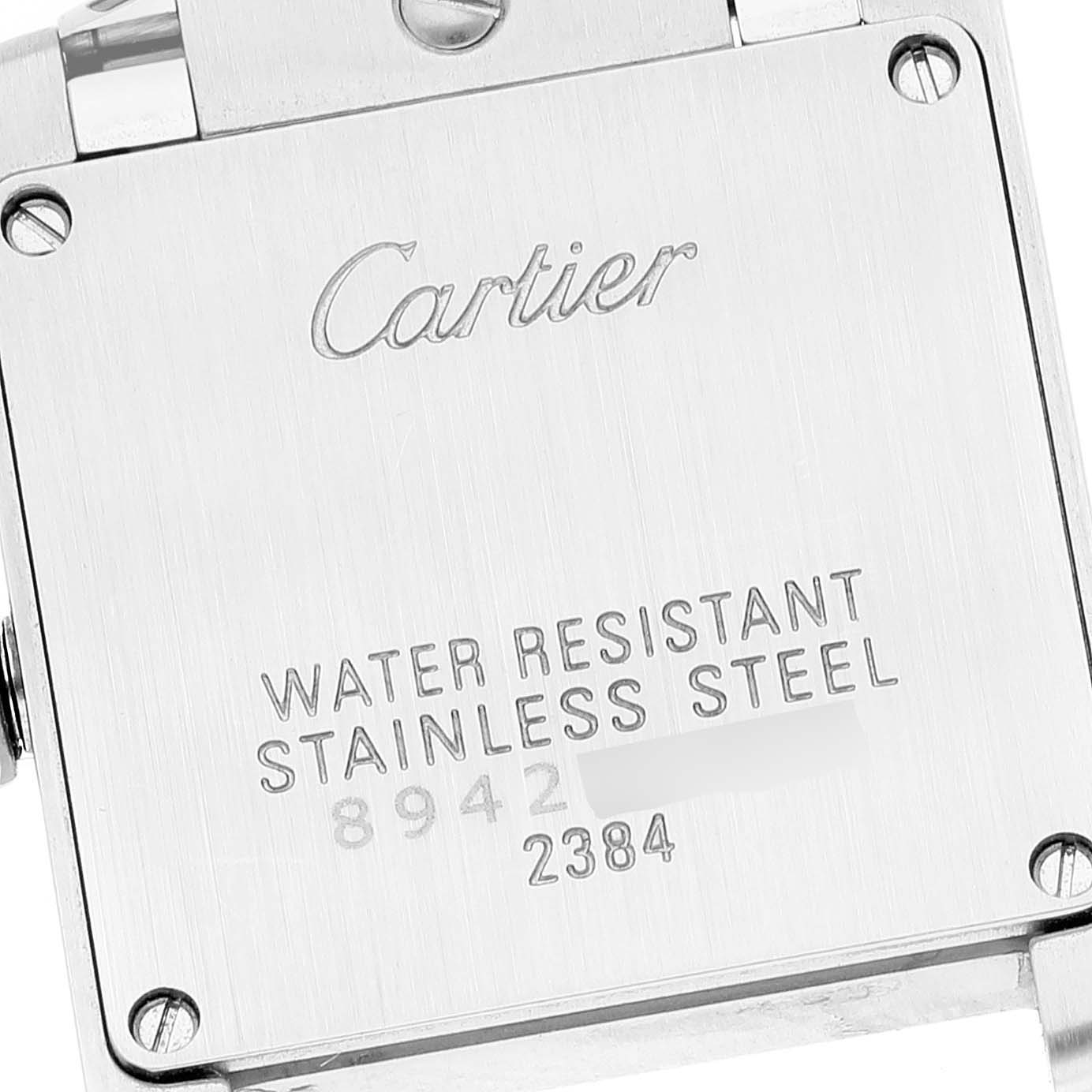This image shows the back case of a Cartier Tank Francaise W51034Q3 Women's Stainless Steel Mother of Pearl Dial W51034Q3 Women's Stainless Steel Mother of Pearl Dial watch, highlighting its water resistance and stainless steel material.