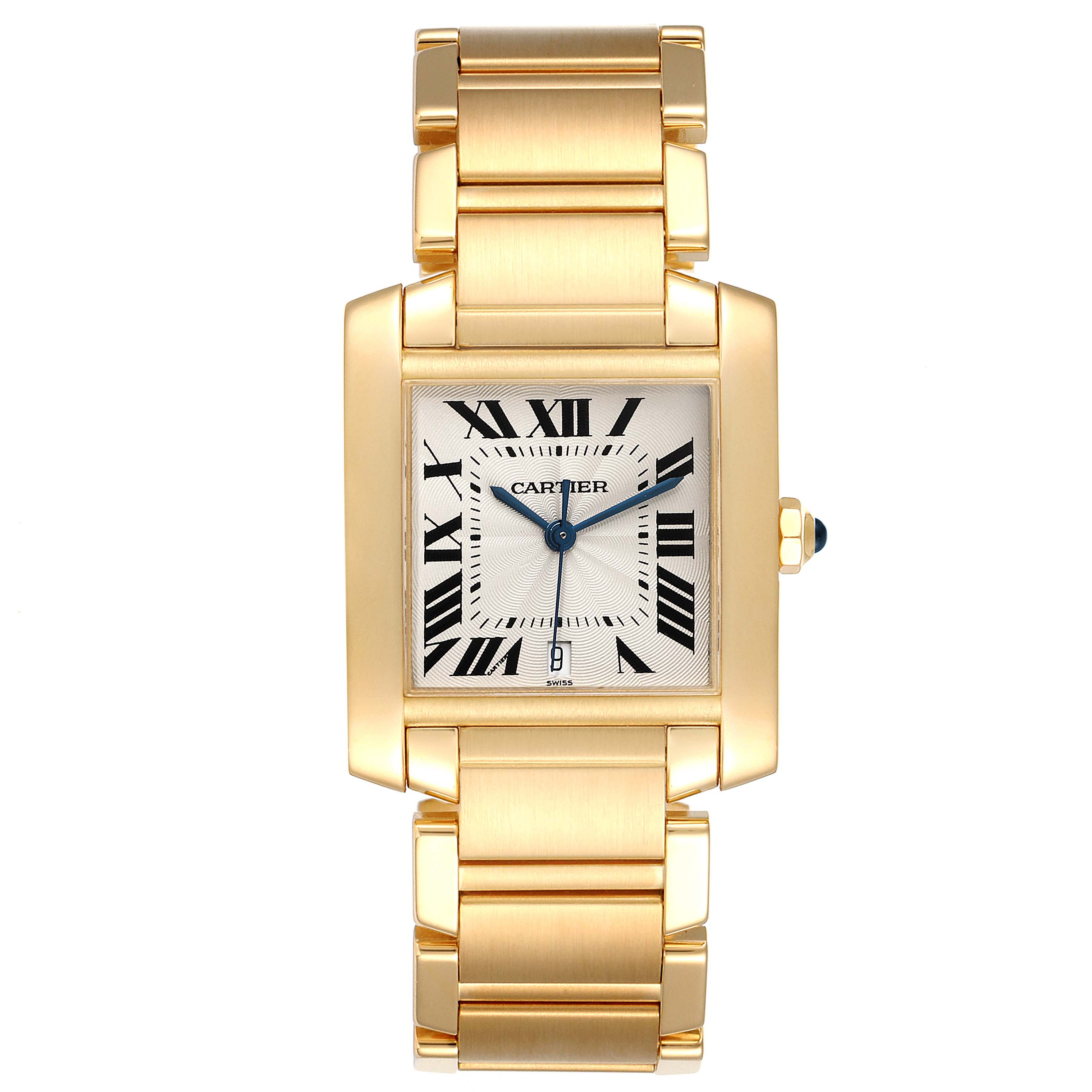 This image shows a front view of the Cartier Tank Francaise W50001R2 Men's Yellow Gold Silver Dial W50001R2 Men's Yellow Gold Silver Dial watch highlighting its gold case, dial, and bracelet.