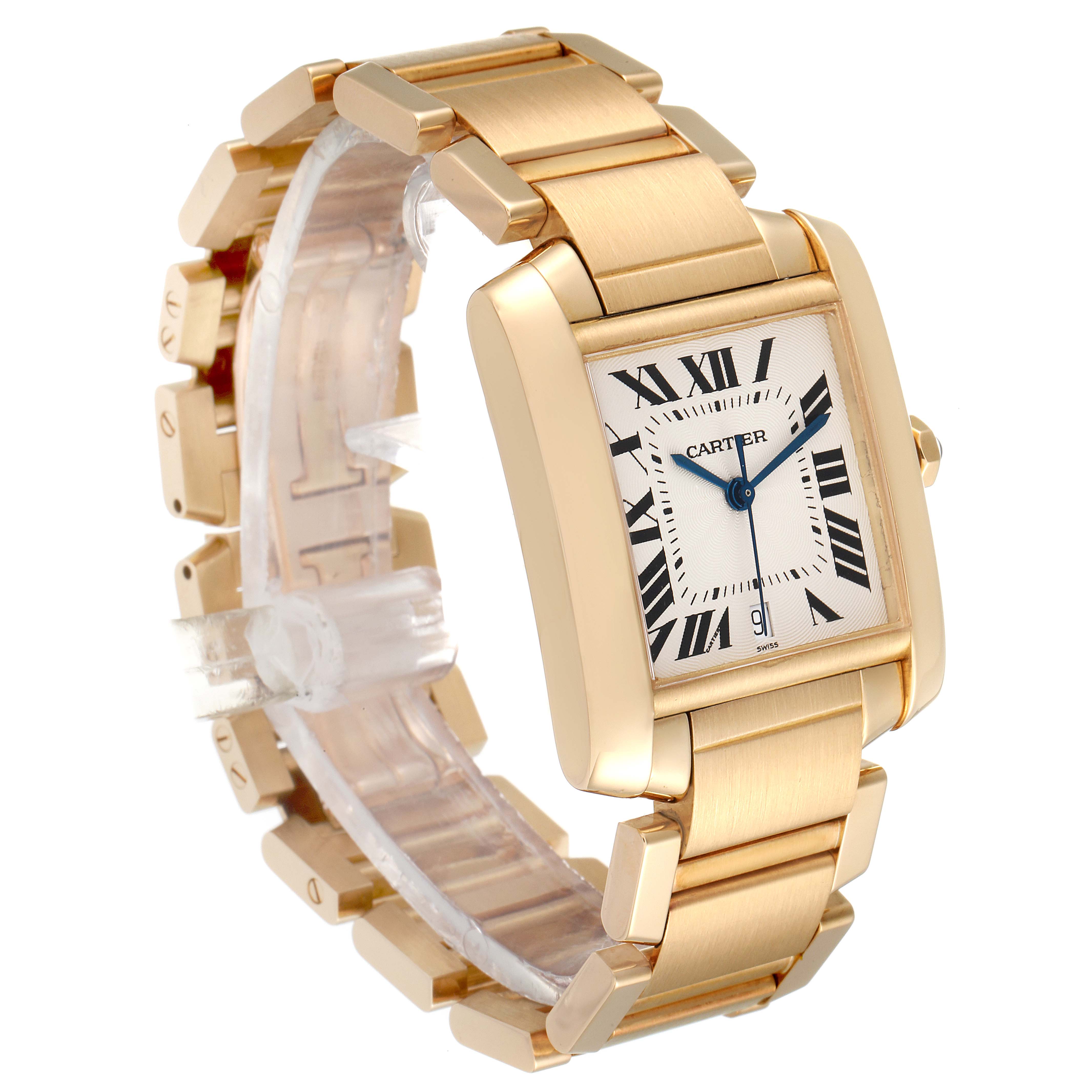 The Cartier Tank Francaise W50001R2 Men's Yellow Gold Silver Dial W50001R2 Men's Yellow Gold Silver Dial watch is shown at a three-quarter angle, highlighting the watch face and gold bracelet.