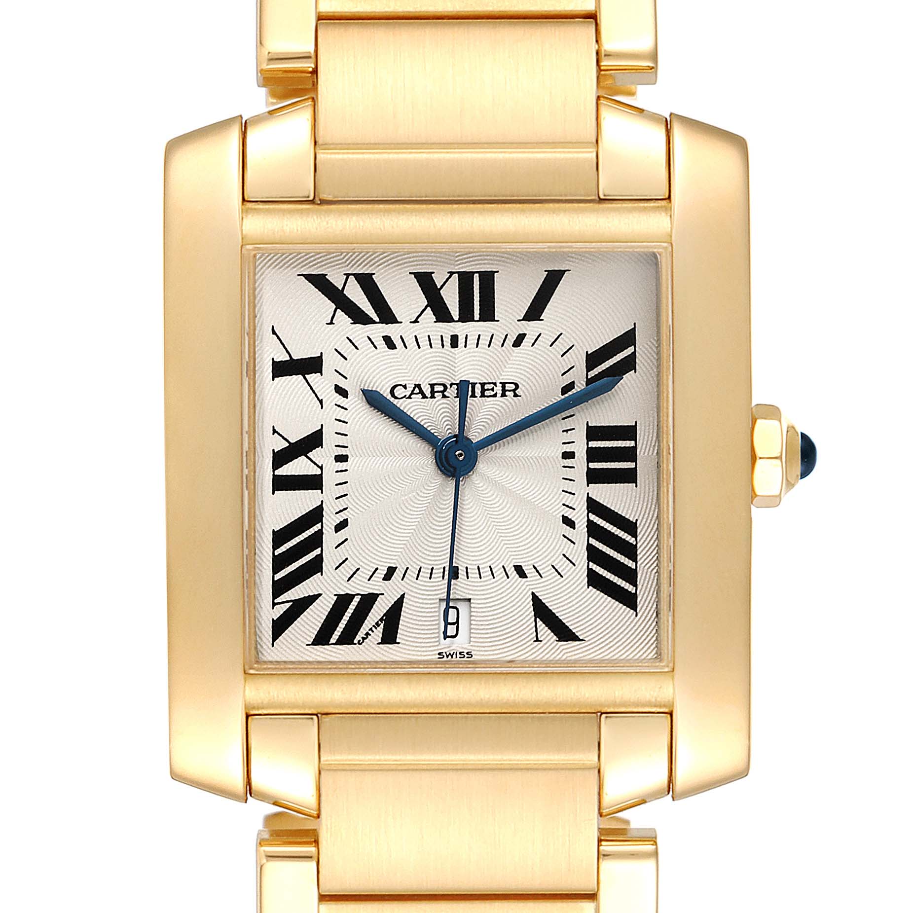 This image shows a close-up view of the face and part of the bracelet of a Cartier Tank Francaise W50001R2 Men's Yellow Gold Silver Dial W50001R2 Men's Yellow Gold Silver Dial watch.