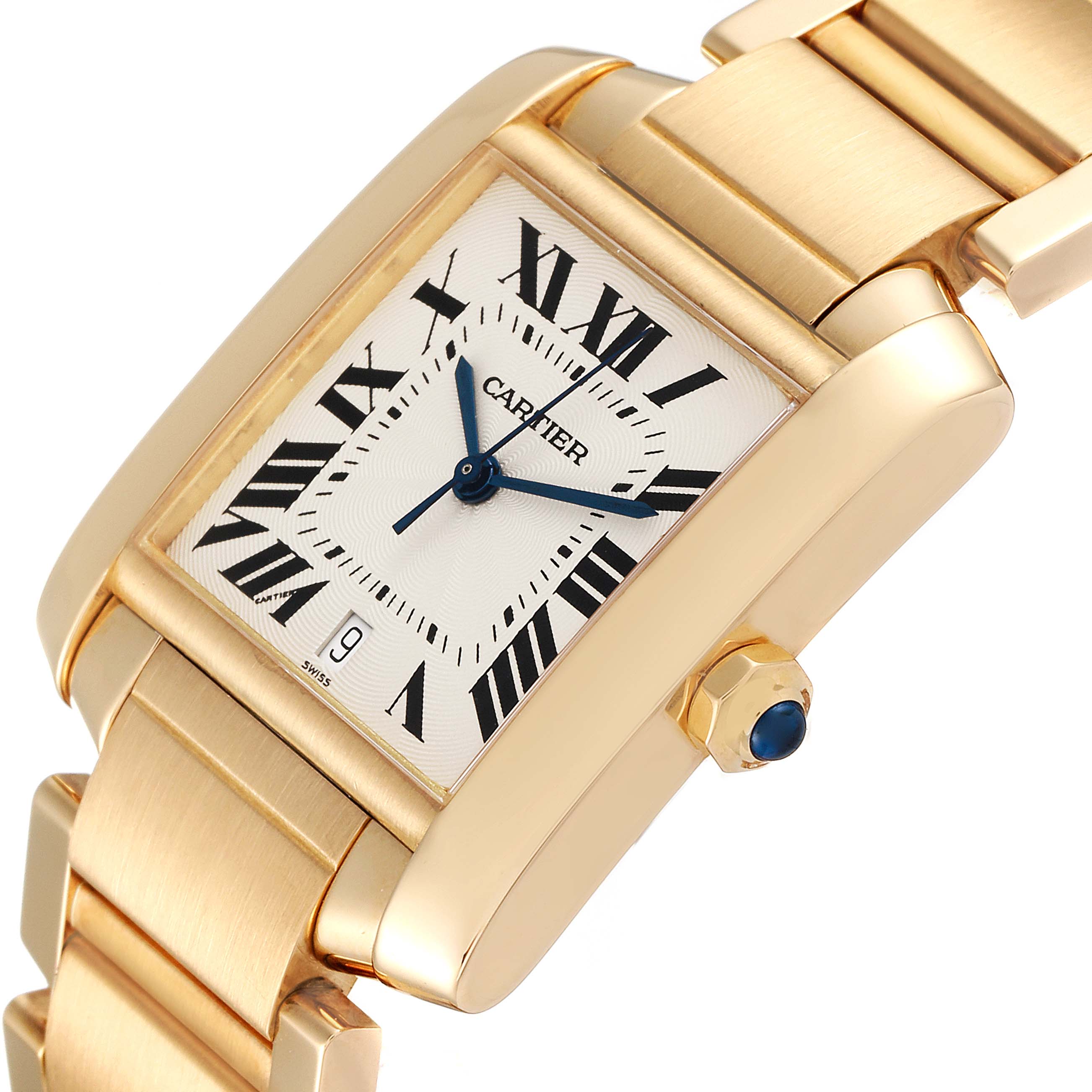 This image shows a close-up, angled view of the face and part of the bracelet of a Cartier Tank Francaise W50001R2 Men's Yellow Gold Silver Dial W50001R2 Men's Yellow Gold Silver Dial watch.