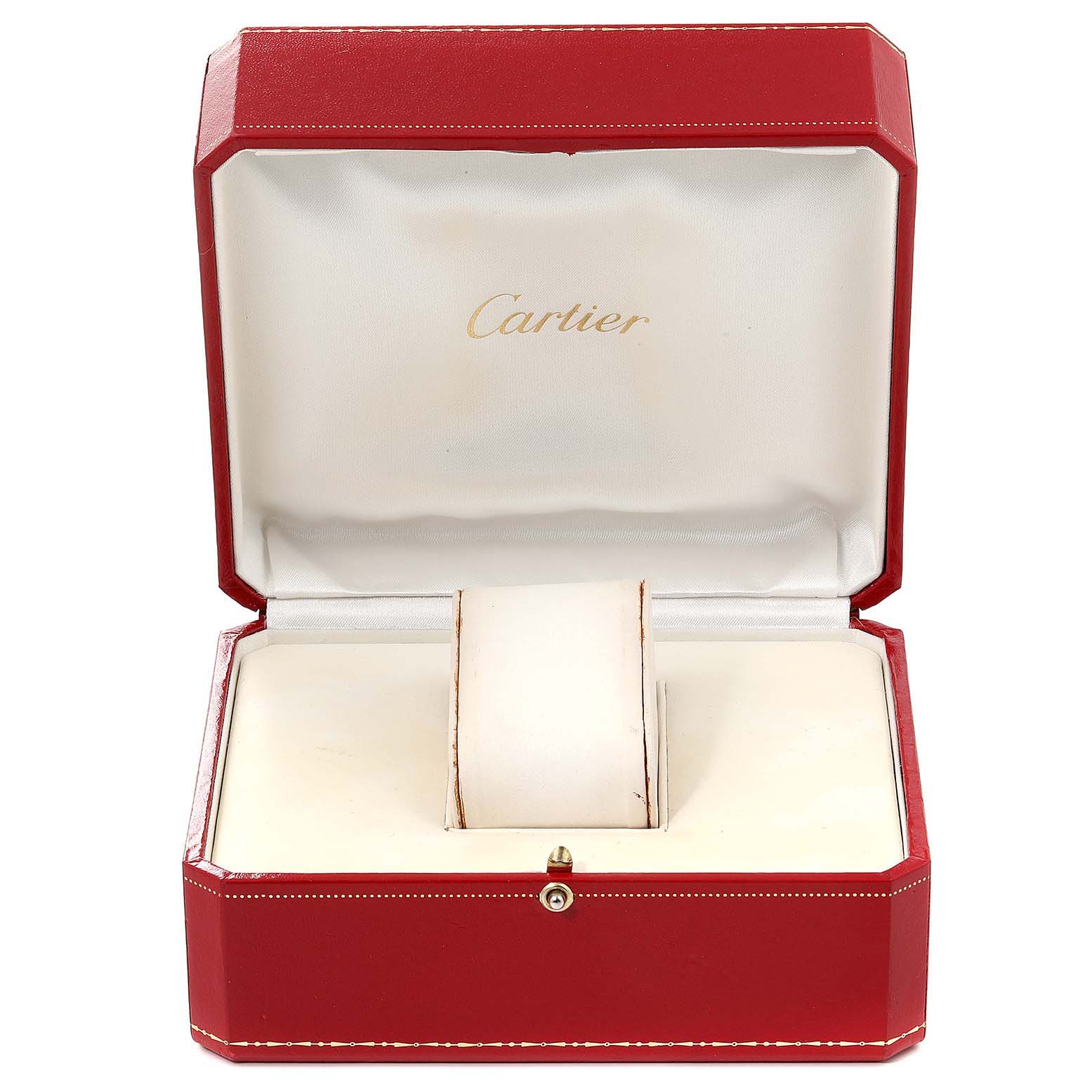 This image shows an open red Cartier watch box for the Tank Francaise model.