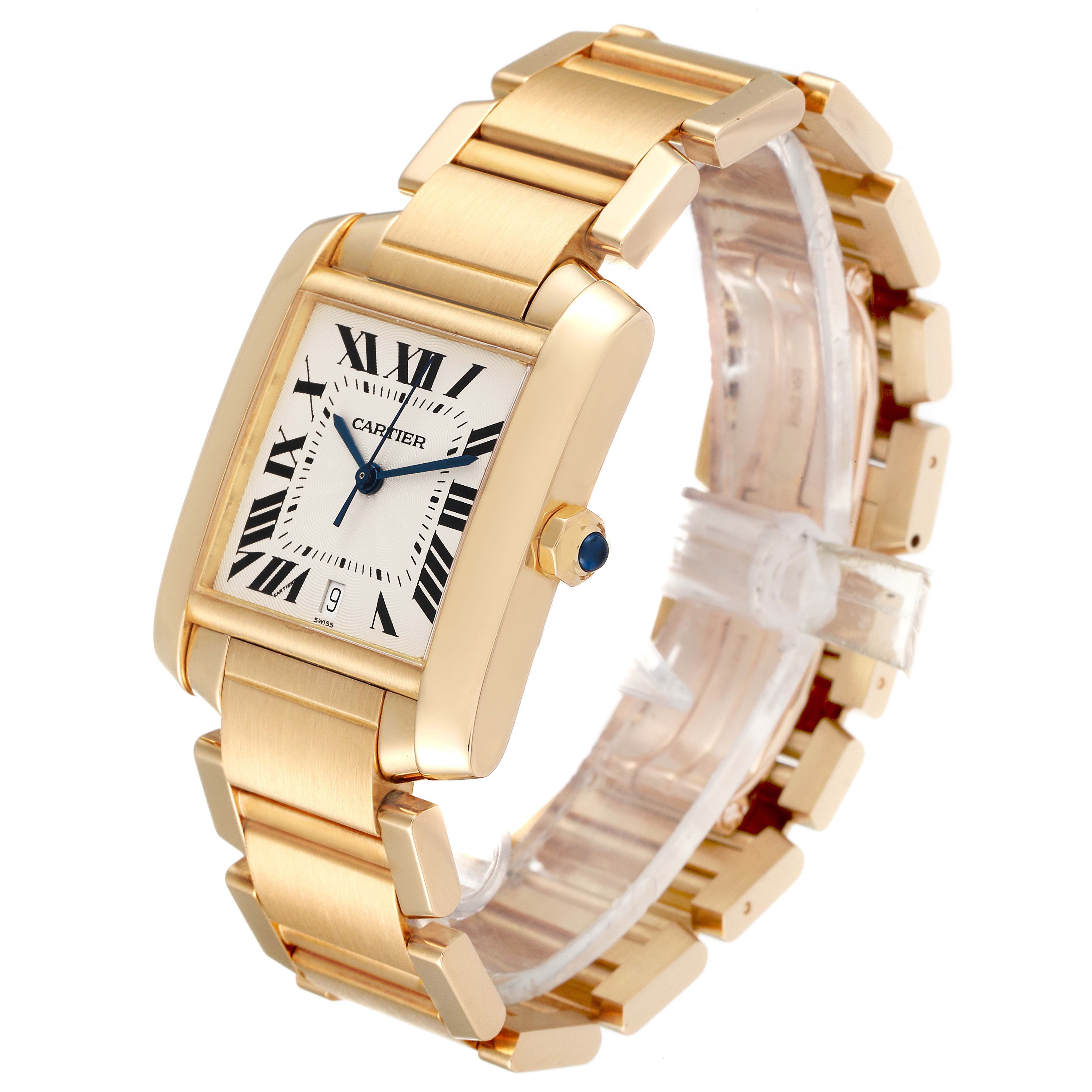 The Cartier Tank Francaise W50001R2 Men's Yellow Gold Silver Dial W50001R2 Men's Yellow Gold Silver Dial watch is shown at an angled front view, highlighting its face, bracelet, and side crown.