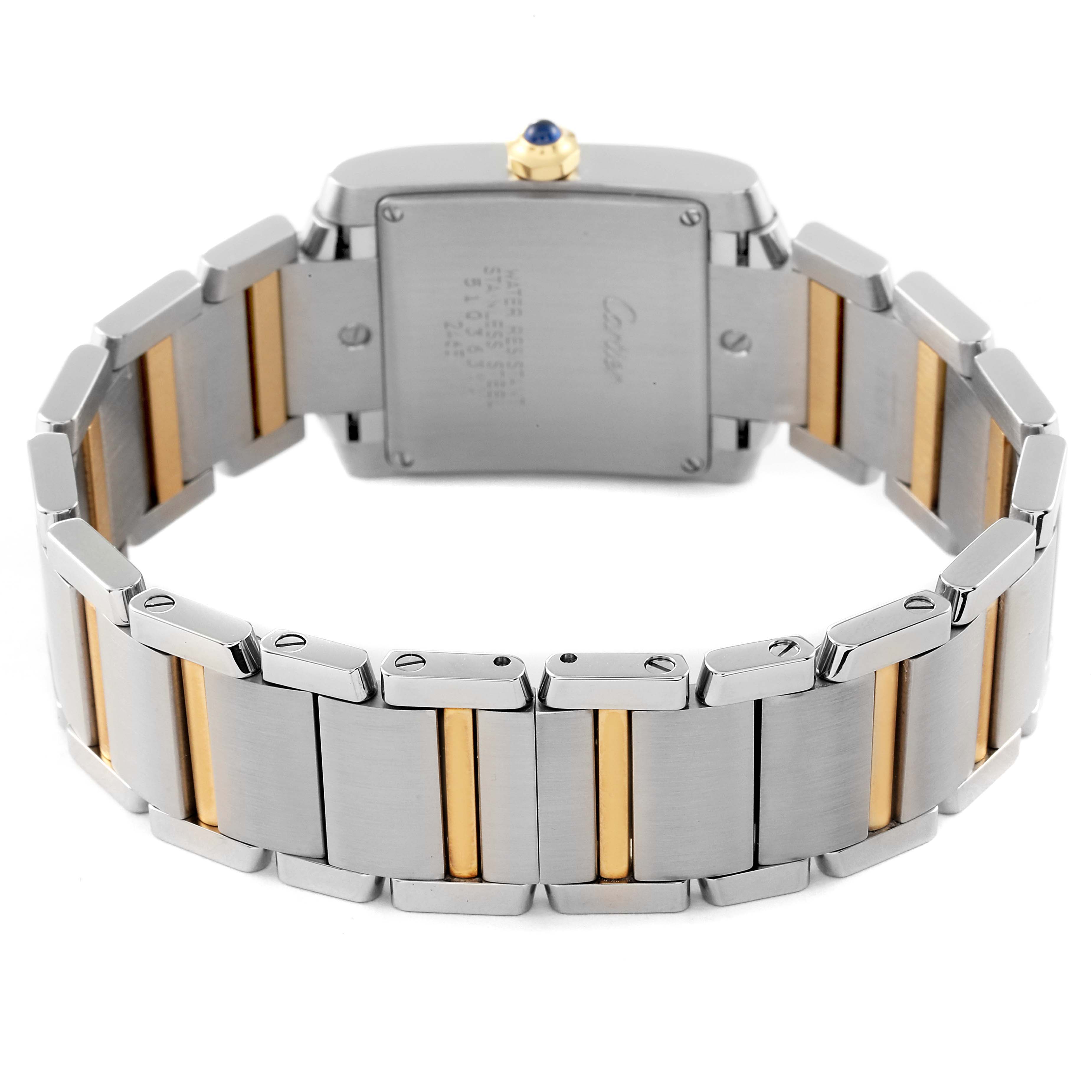 The image shows the back and bracelet of a Cartier Tank Française watch, highlighting its stainless steel and gold accents.