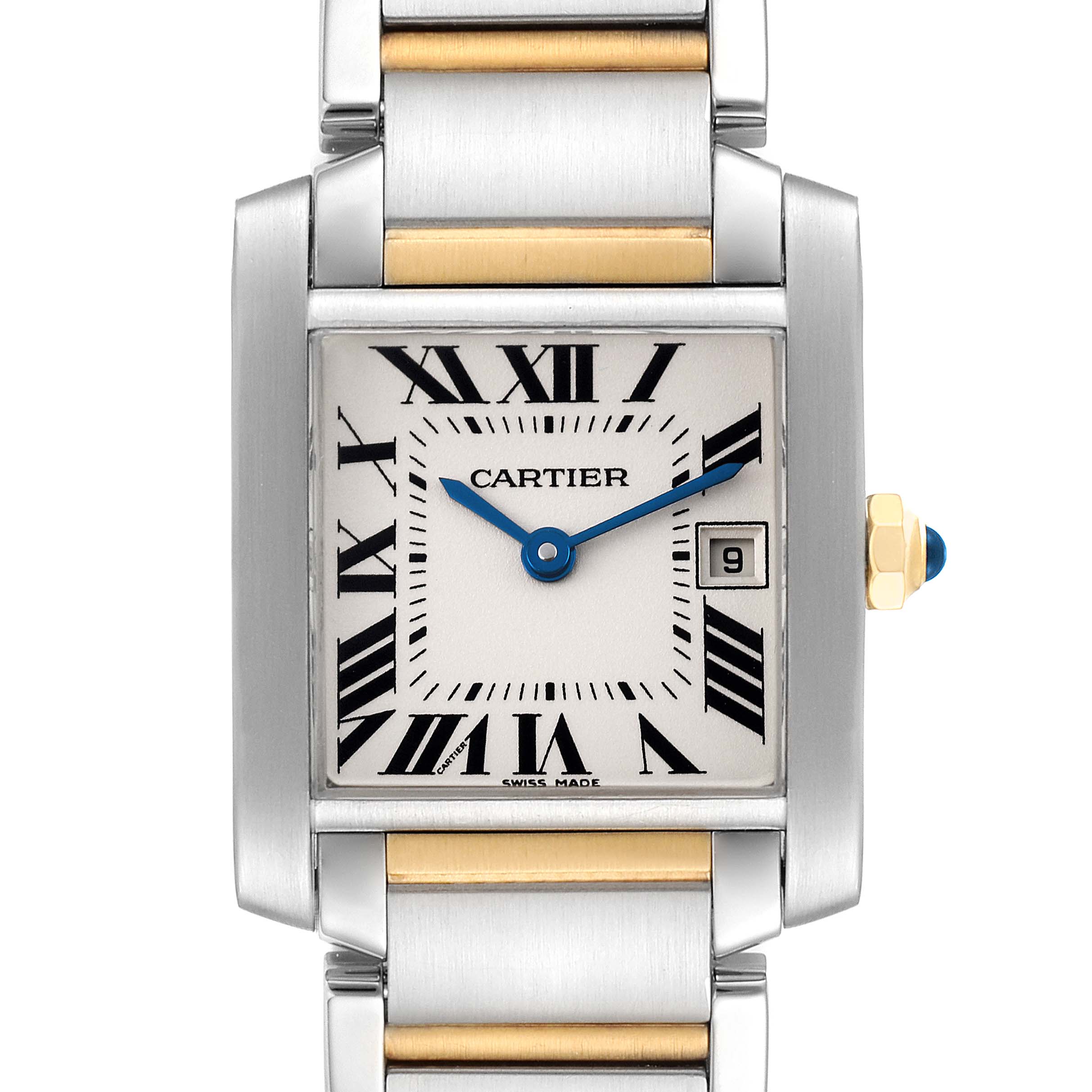 This photo shows a front view of a Cartier Tank Francaise W51012Q4 Women's Steel and Gold (two tone) Silver Dial W51012Q4 Women's Steel and Gold (two tone) Silver Dial watch, featuring its Roman numeral dial, date display, and metal bracelet.