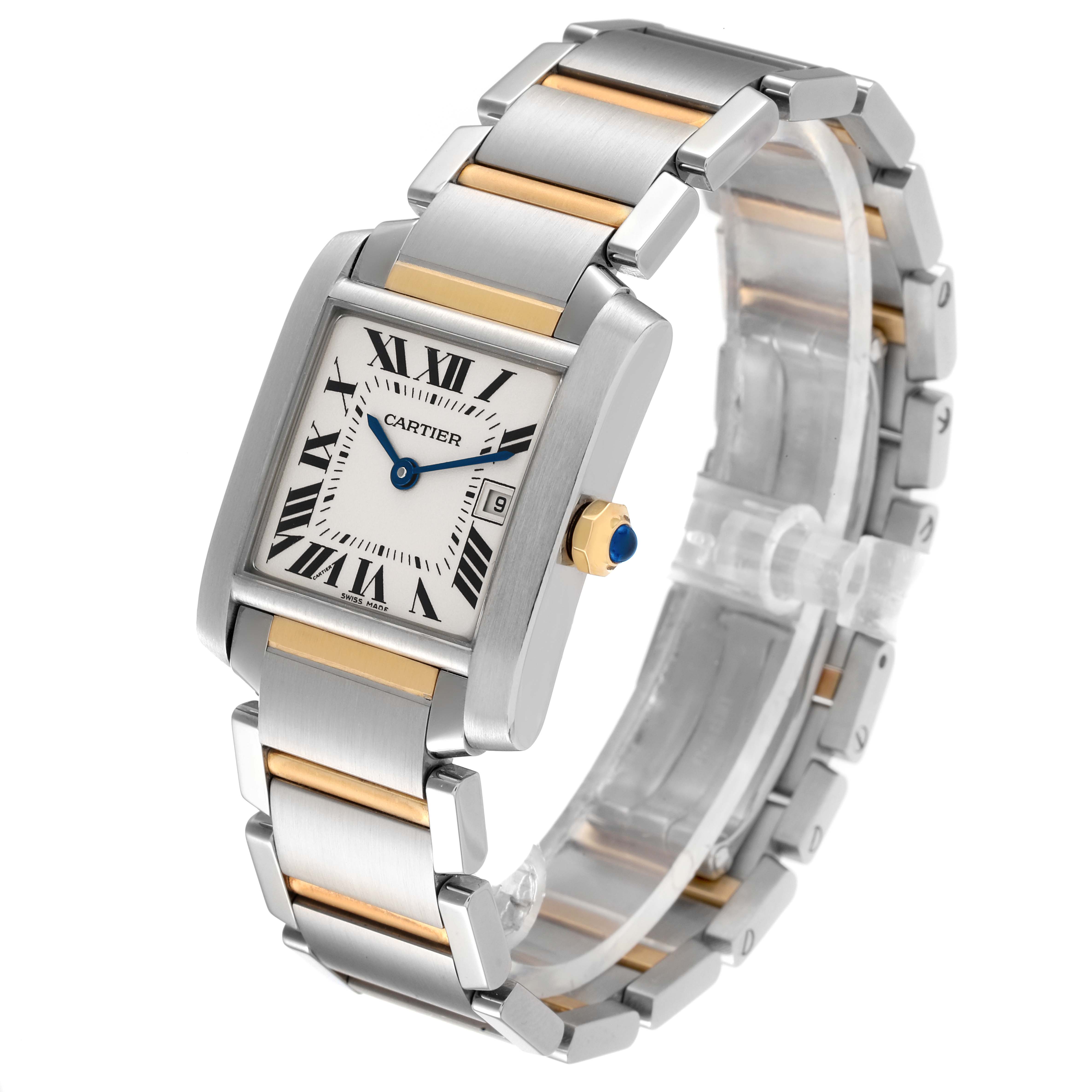 The image shows a Cartier Tank Francaise W51012Q4 Women's Steel and Gold (two tone) Silver Dial W51012Q4 Women's Steel and Gold (two tone) Silver Dial watch at an angled view, highlighting the face, bezel, bracelet, and crown.
