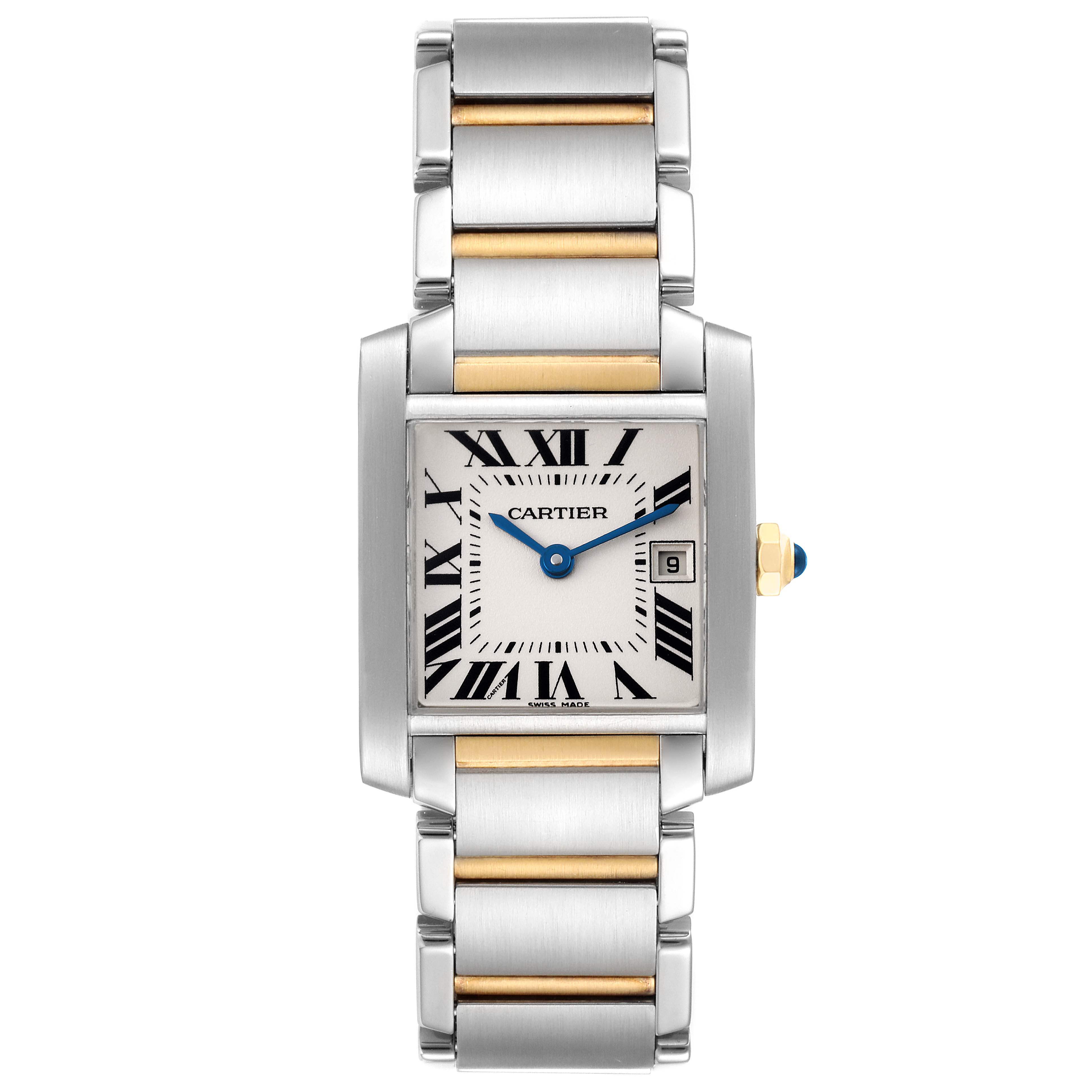 The image shows a Cartier Tank Francaise W51012Q4 Women's Steel and Gold (two tone) Silver Dial W51012Q4 Women's Steel and Gold (two tone) Silver Dial watch from a front view, displaying its rectangular face, Roman numerals, and metal bracelet.