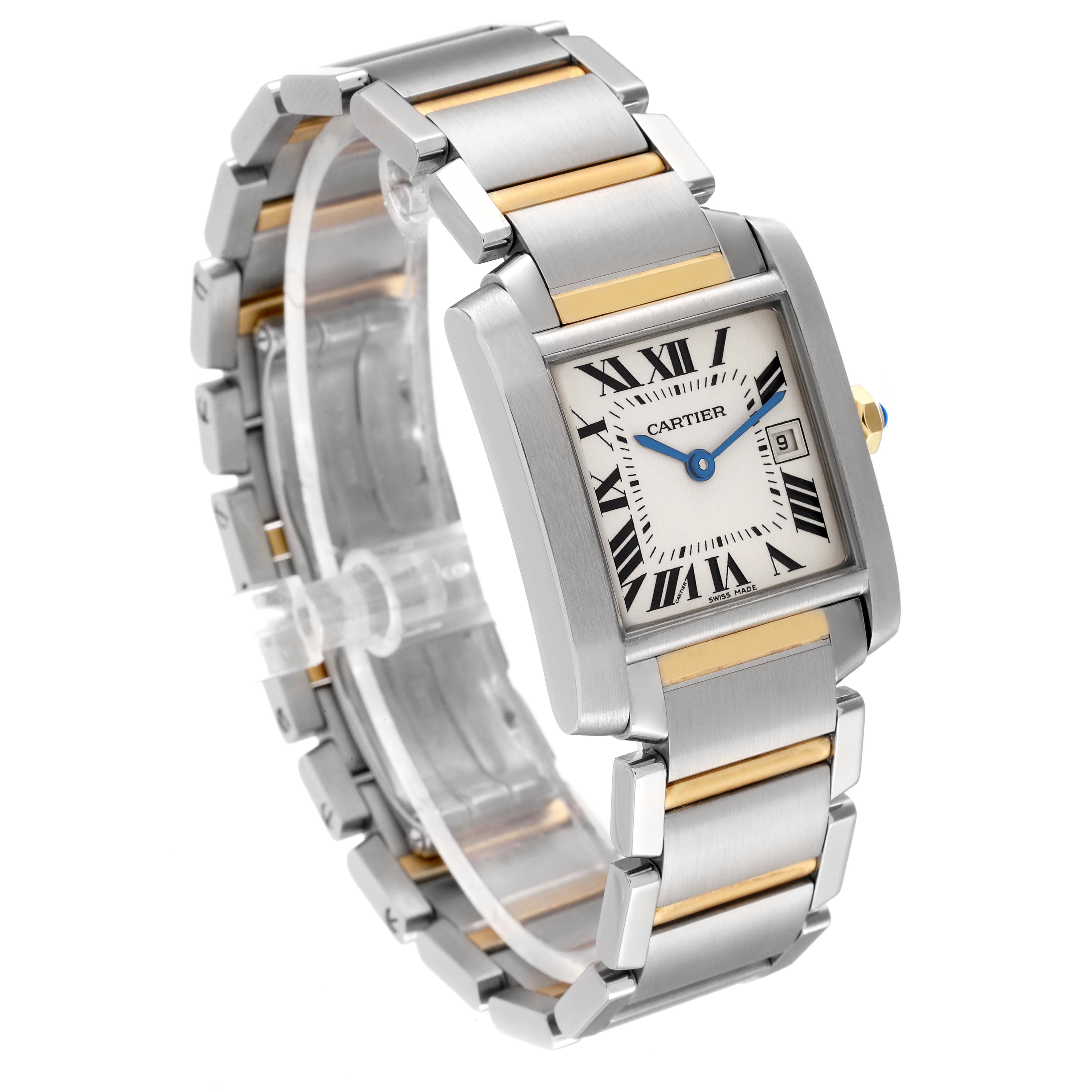 The Cartier Tank Française watch is shown at an angled view, highlighting the rectangular face, bracelet, and two-tone metal links.