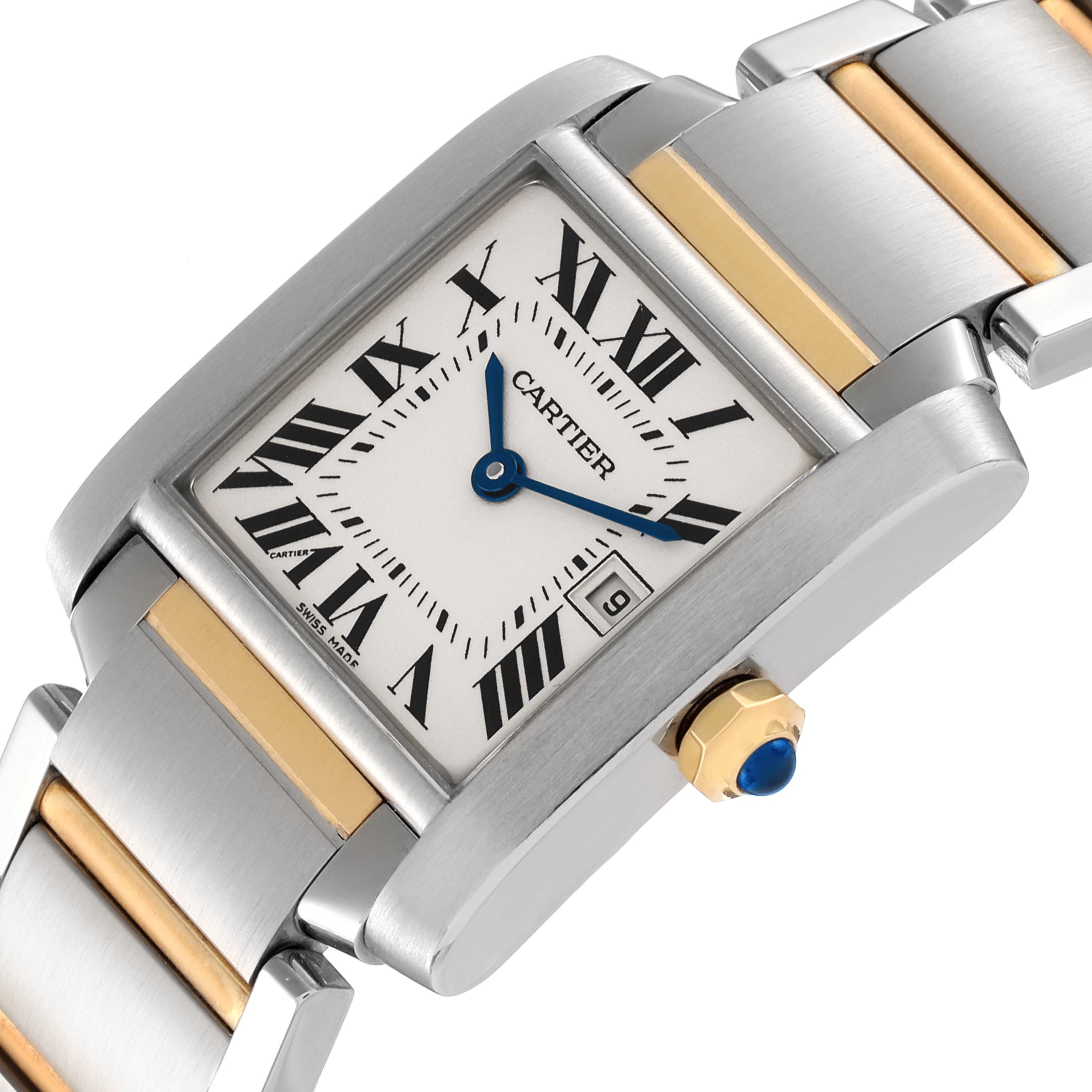 The image shows a Cartier Tank Francaise W51012Q4 Women's Steel and Gold (two tone) Silver Dial W51012Q4 Women's Steel and Gold (two tone) Silver Dial watch at an angled close-up, highlighting the face, crown, and part of the bracelet.