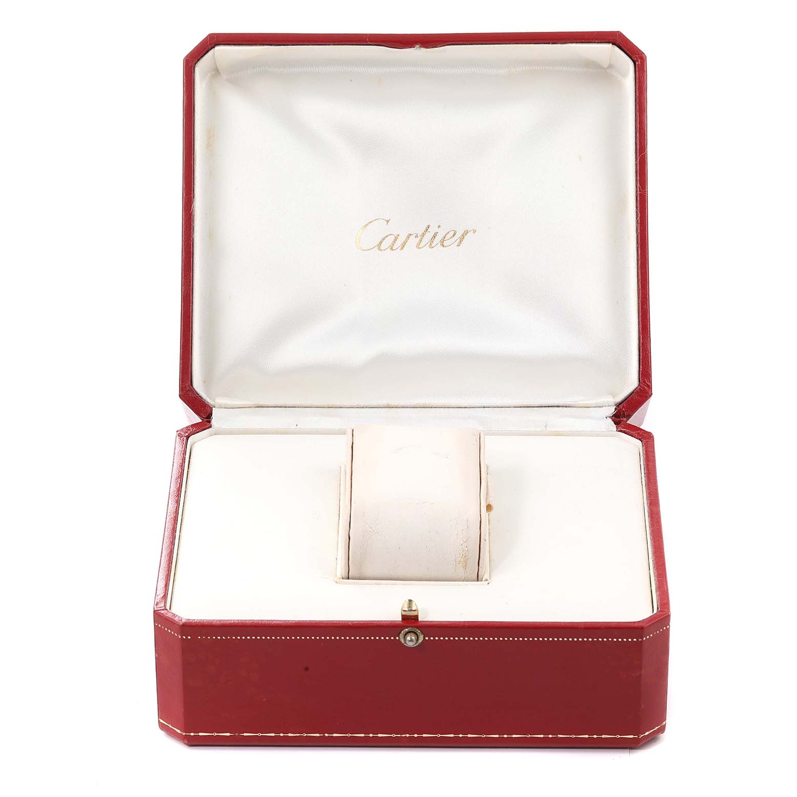 The image shows an open red Cartier box, designed to hold a Tank Francaise watch, displaying its white interior.