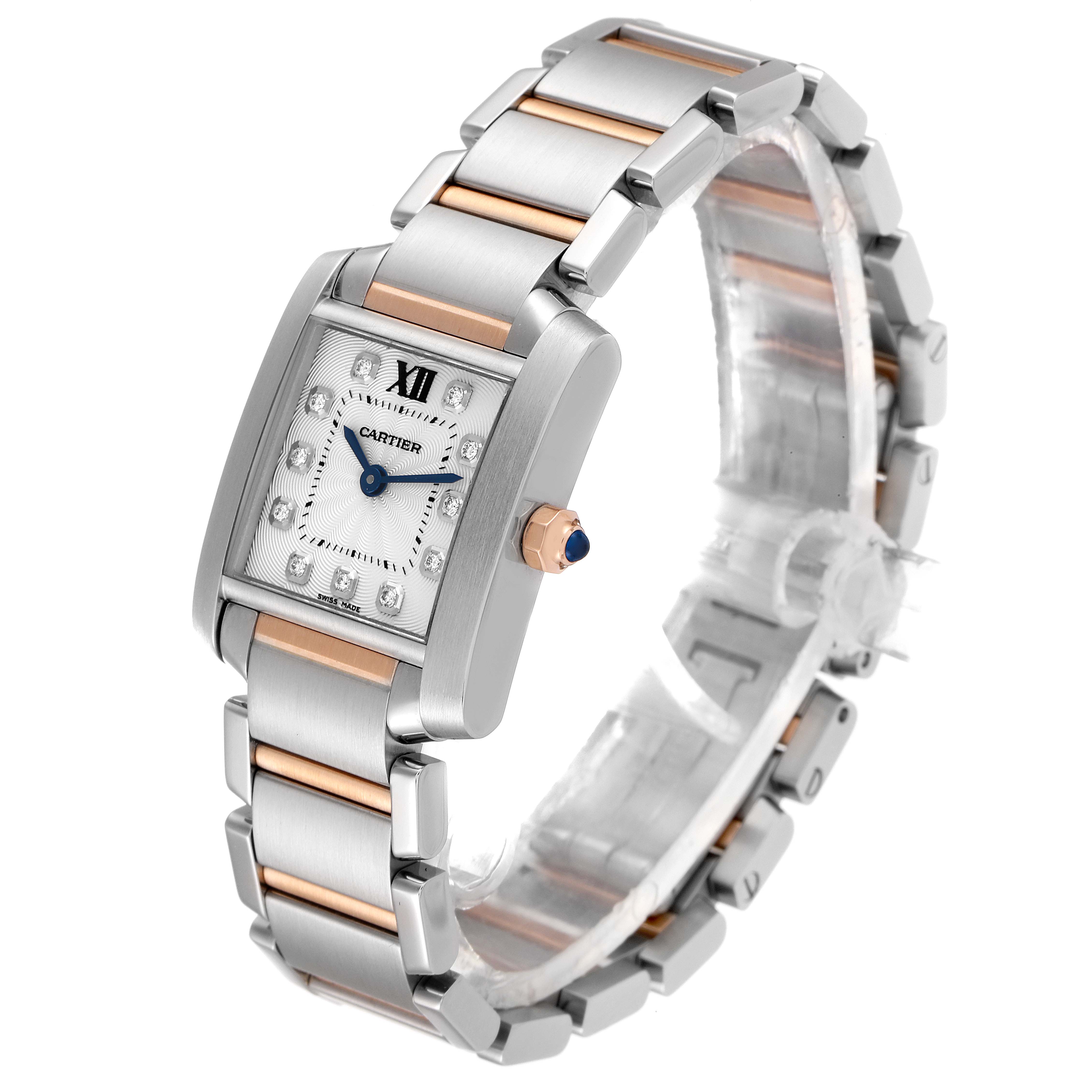 The Cartier Tank Francaise WE110004 Women's Steel and Gold (two tone) Silver Dial WE110004 Women's Steel and Gold (two tone) Silver Dial watch is shown from an angled top view, highlighting its face, bezel, and two-tone bracelet.