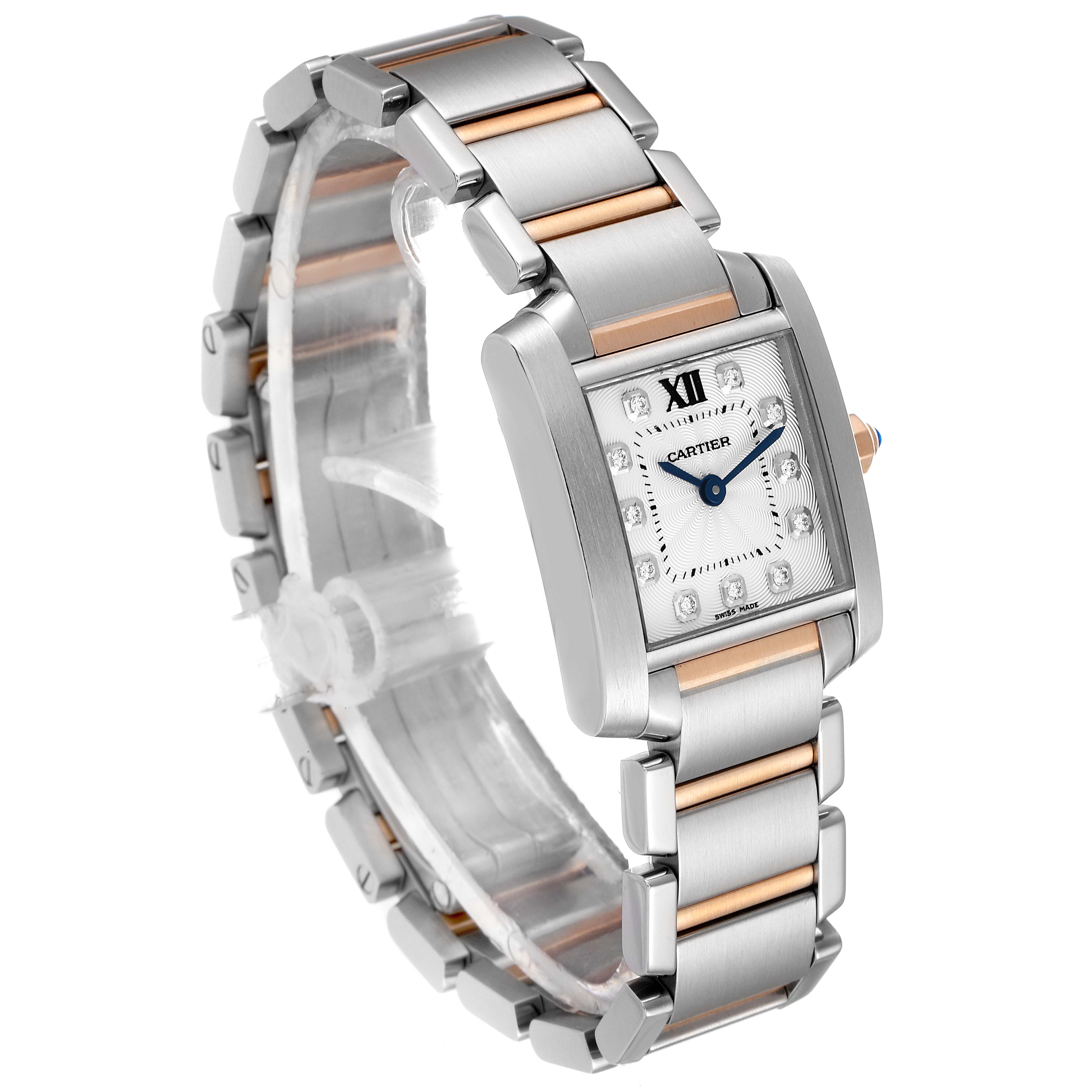 The Cartier Tank Francaise WE110004 Women's Steel and Gold (two tone) Silver Dial WE110004 Women's Steel and Gold (two tone) Silver Dial watch is shown at an angle displaying the face, bracelet, and double deployant clasp.