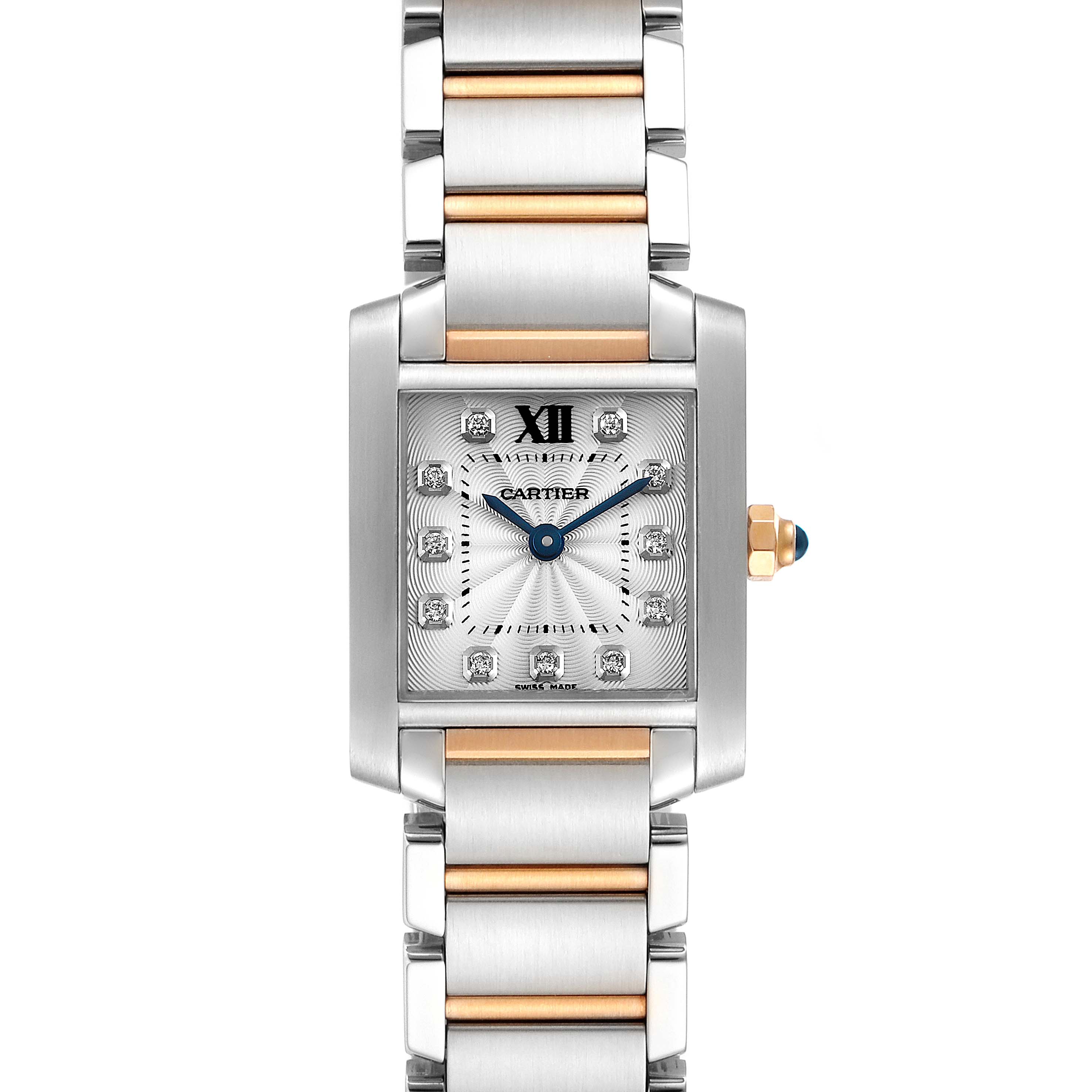 The Tank Française by Cartier is shown from the front, displaying the dial, case, bracelet, and crown.