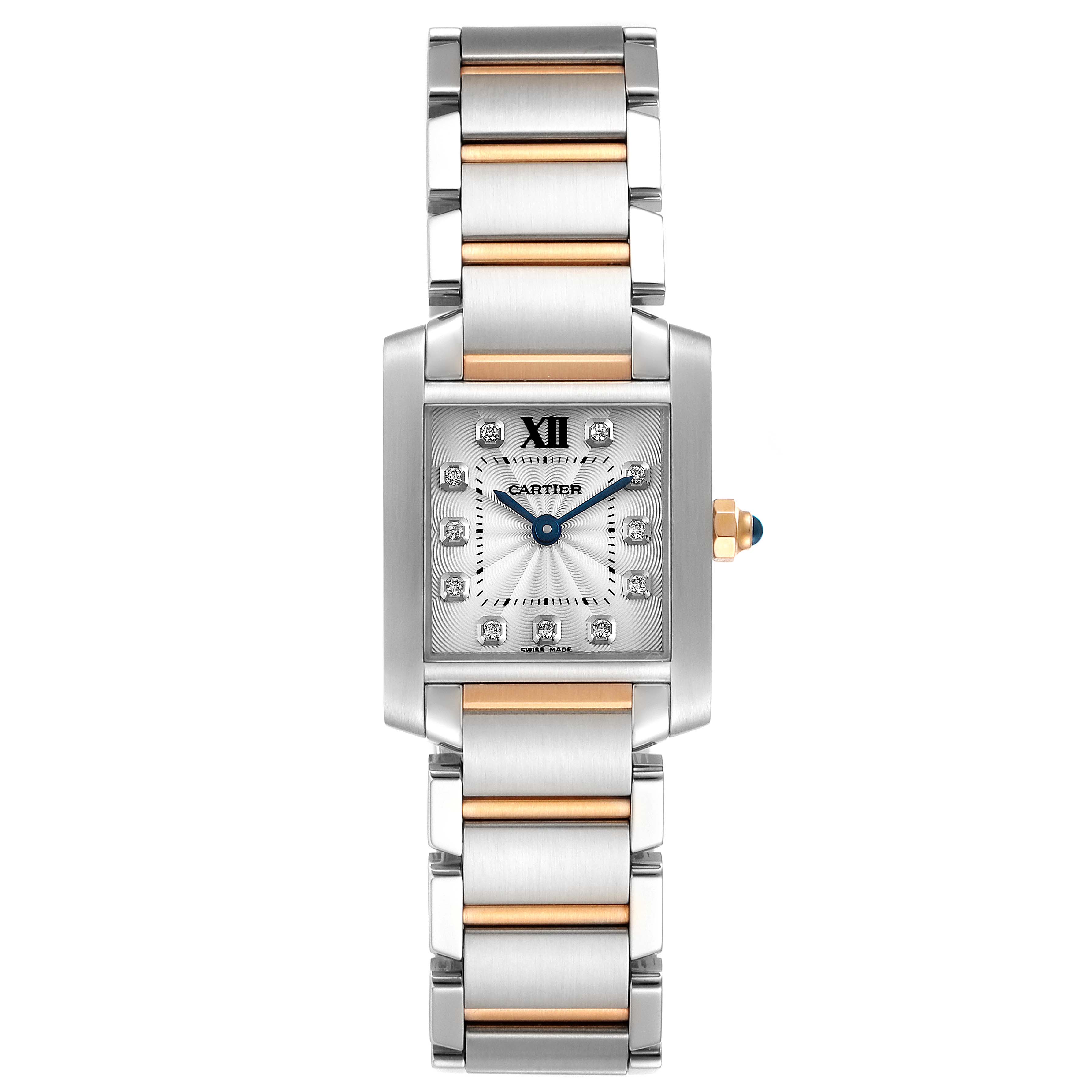 This image shows a front view of the Cartier Tank Française model, displaying the watch face and two-tone metal bracelet.