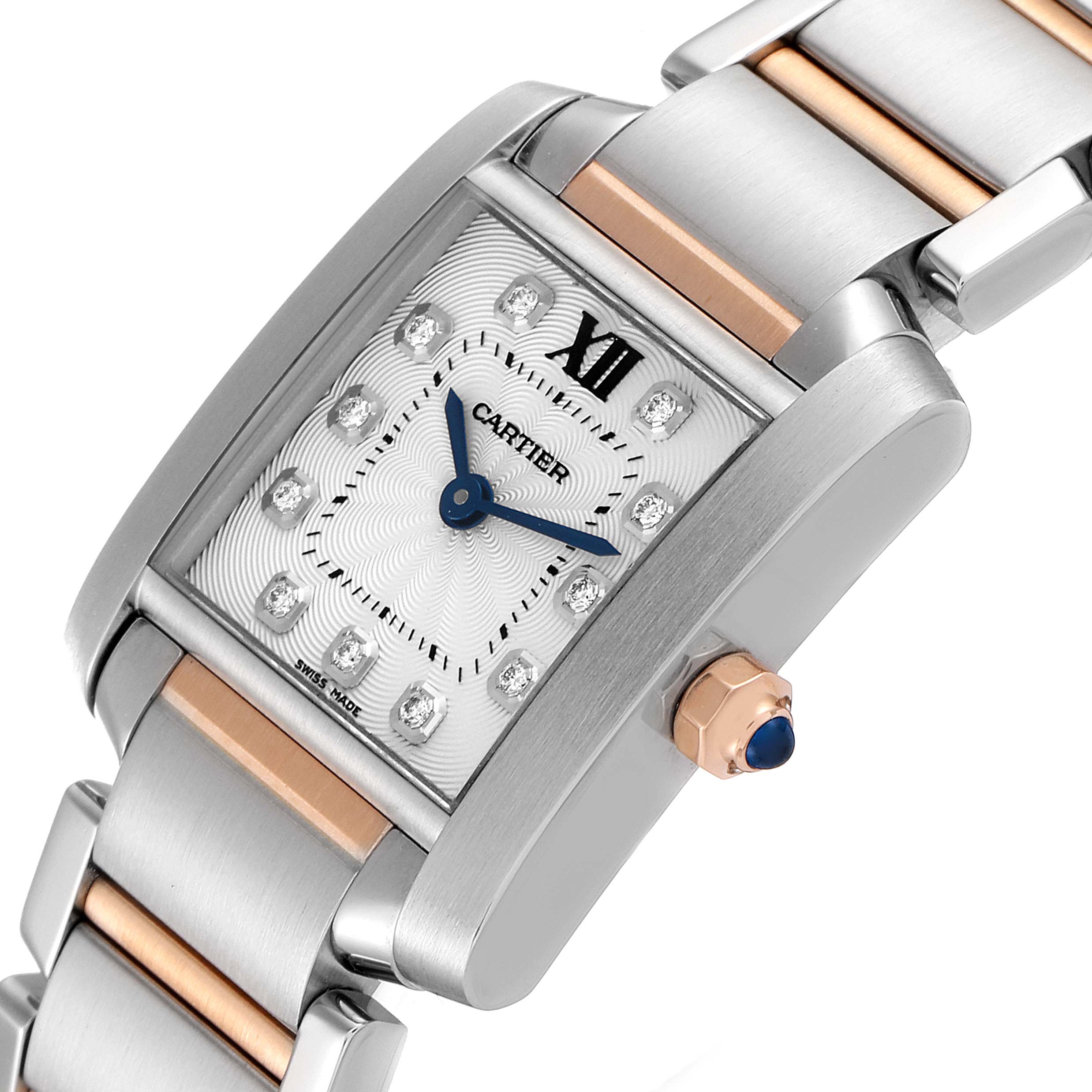 This image shows a Cartier Tank Francaise WE110004 Women's Steel and Gold (two tone) Silver Dial WE110004 Women's Steel and Gold (two tone) Silver Dial watch at an angle that highlights its rectangular dial, blue hands, crown, and bracelet.