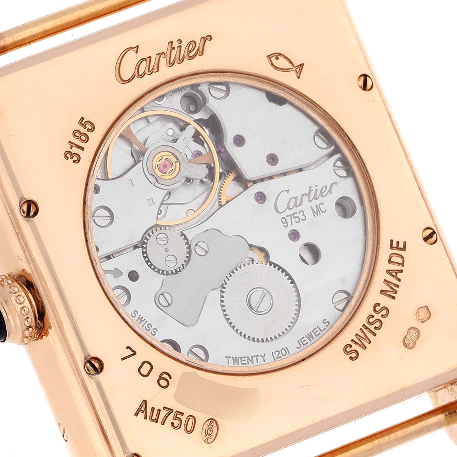 The image shows the back view of the Tank Louis model by Cartier, highlighting its mechanical movement and internal gears.
