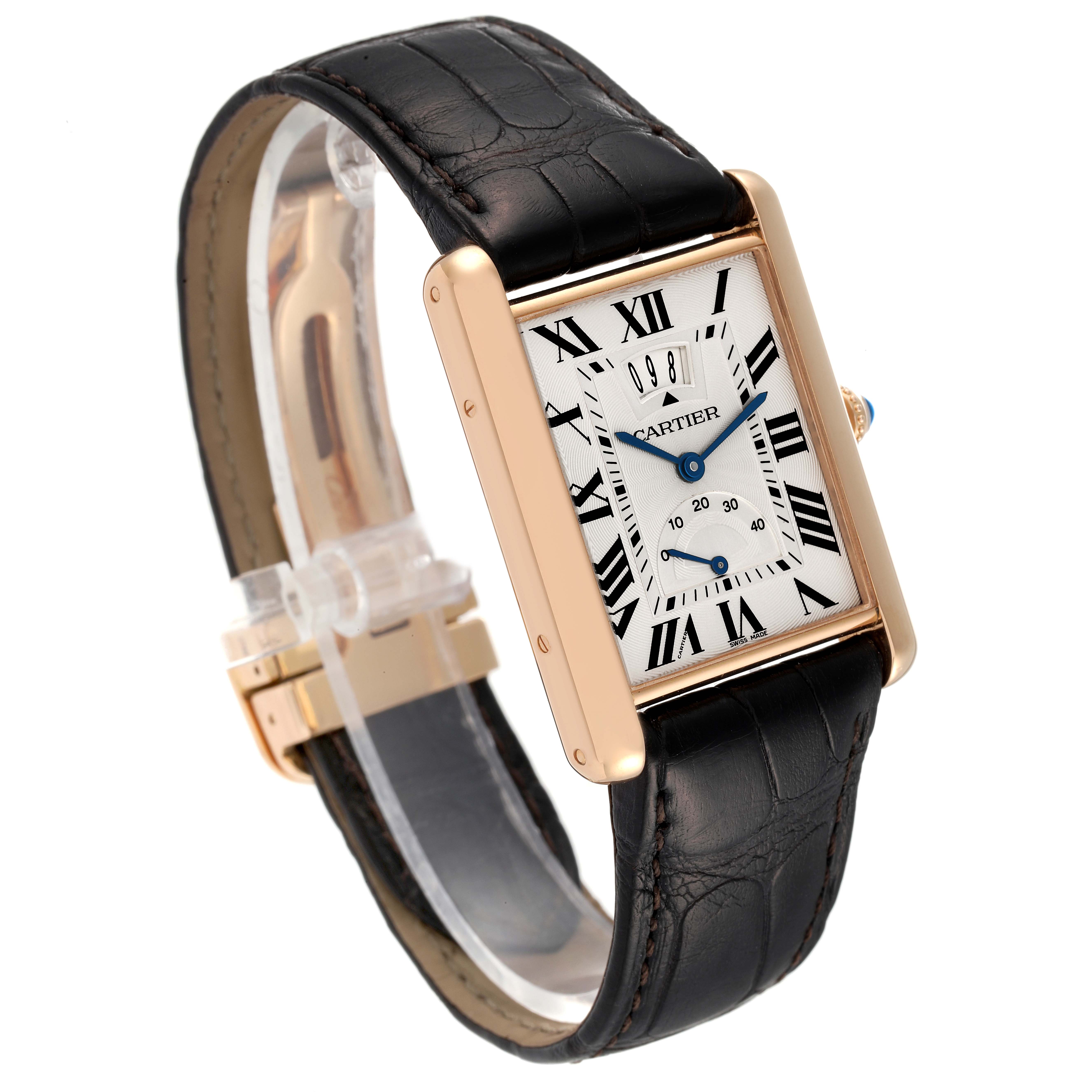 The image shows a Tank Louis model by Cartier from an angled top view, displaying its rectangular dial and leather strap.