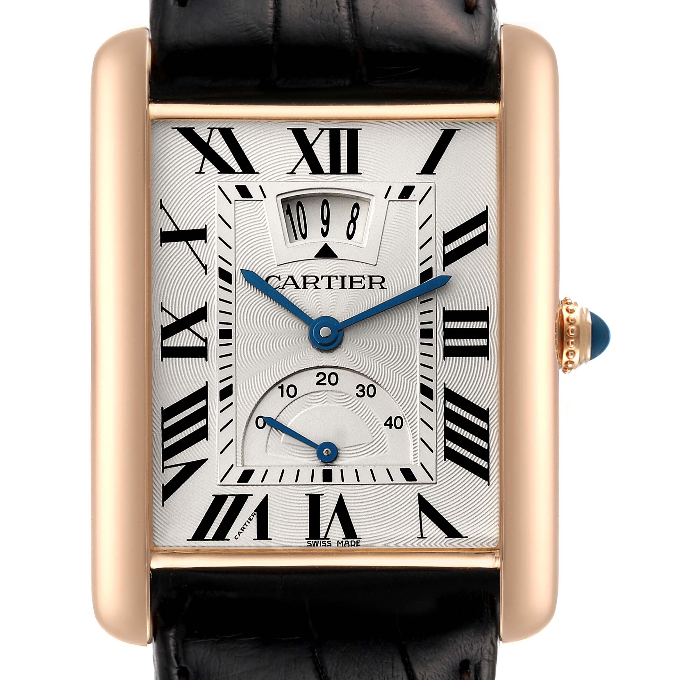 This image shows a front view of the Cartier Tank Louis W1560003 Men's Rose Gold Silver Dial W1560003 Men's Rose Gold Silver Dial model watch, highlighting its face, hands, and strap.