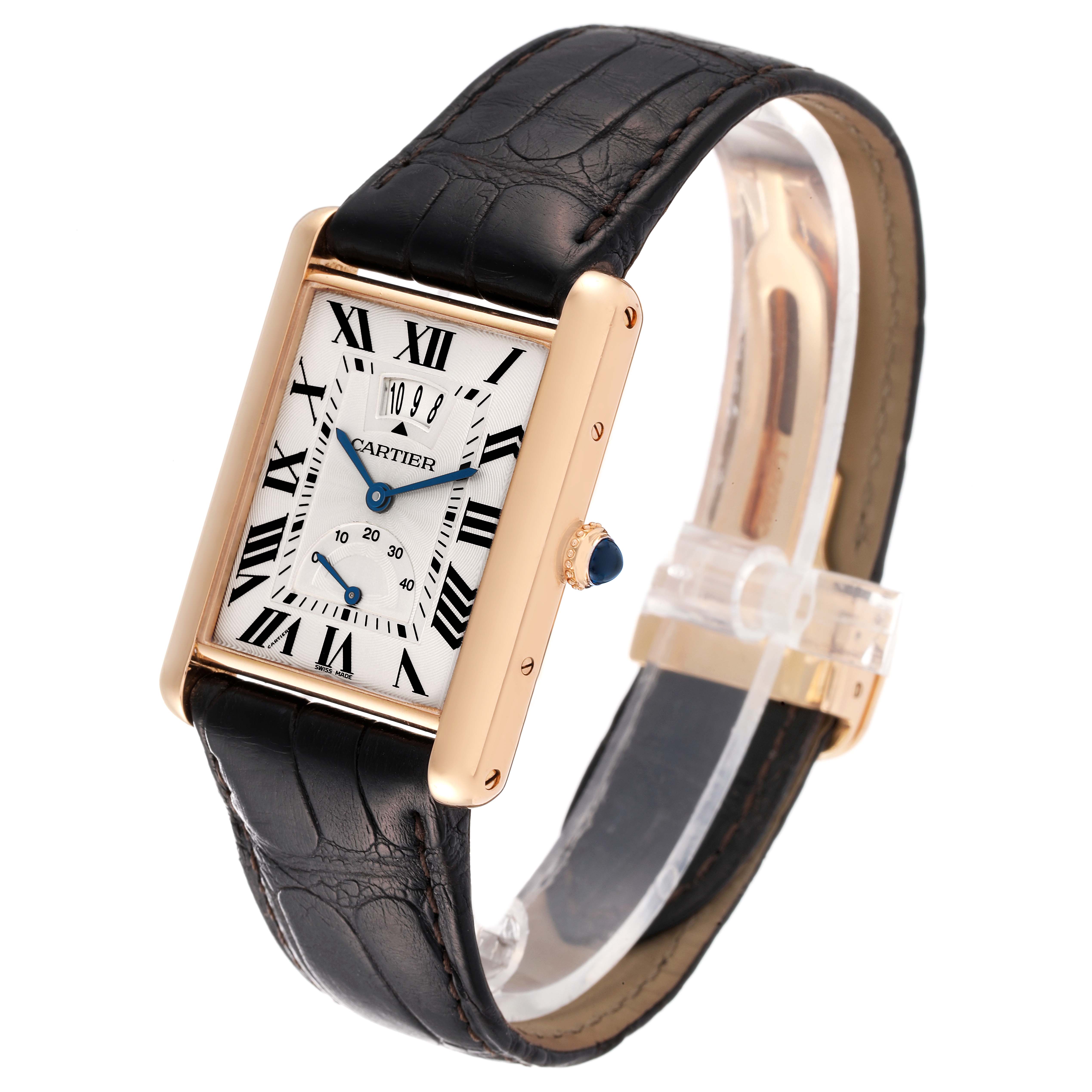 The image shows a Cartier Tank Louis W1560003 Men's Rose Gold Silver Dial W1560003 Men's Rose Gold Silver Dial watch, angled to display the face, strap, and side prominently.